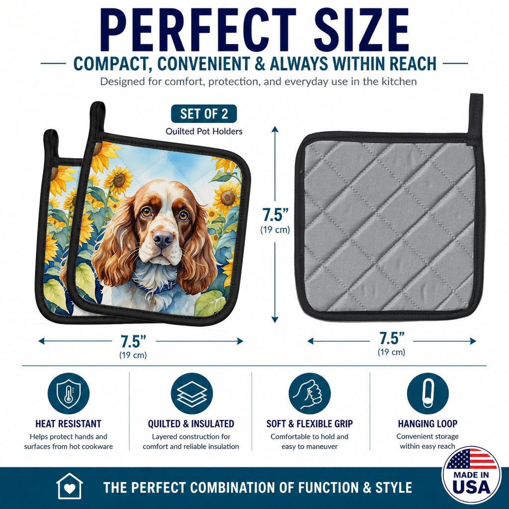 Cocker Spaniel in Sunflowers Pot Holder Set of 2 Heat Resistant Quilted Hot Pads 7.5 x 7.5 Inch, Insulated Kitchen Trivets for Cooking & Baking