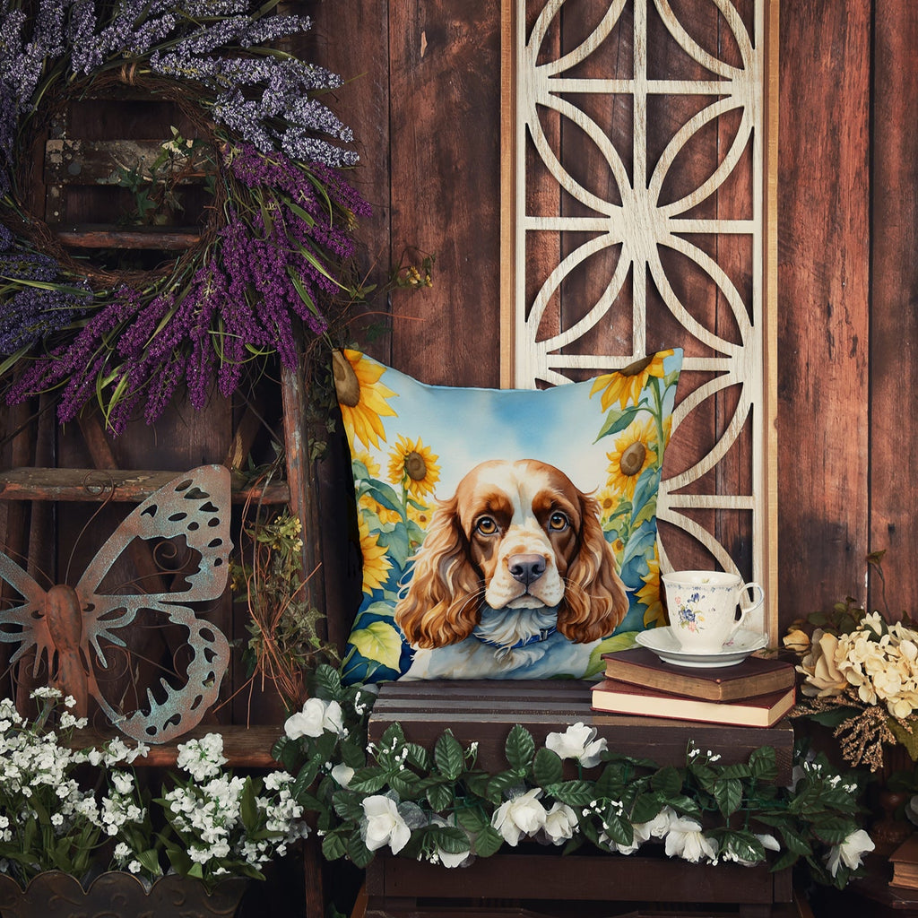 Cocker Spaniel in Sunflowers Decorative Throw Pillow 14x14 Indoor Outdoor Accent Cushion, Fabric Cover with Insert for Sofa, Bed, Porch & Living Room