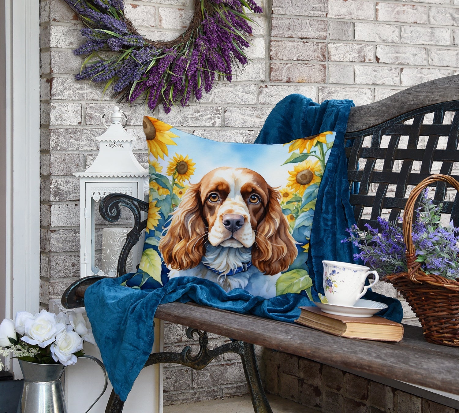 Cocker Spaniel in Sunflowers Decorative Throw Pillow 18x18 Indoor Outdoor Accent Cushion, Fabric Cover with Insert for Sofa, Bed, Porch & Living Room