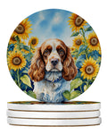 Cocker Spaniel in Sunflowers Large Sandstone Coasters Pack of 4 Absorbent Round Coasters Decor Gifts for Men or Women, 4 in, Multicolor