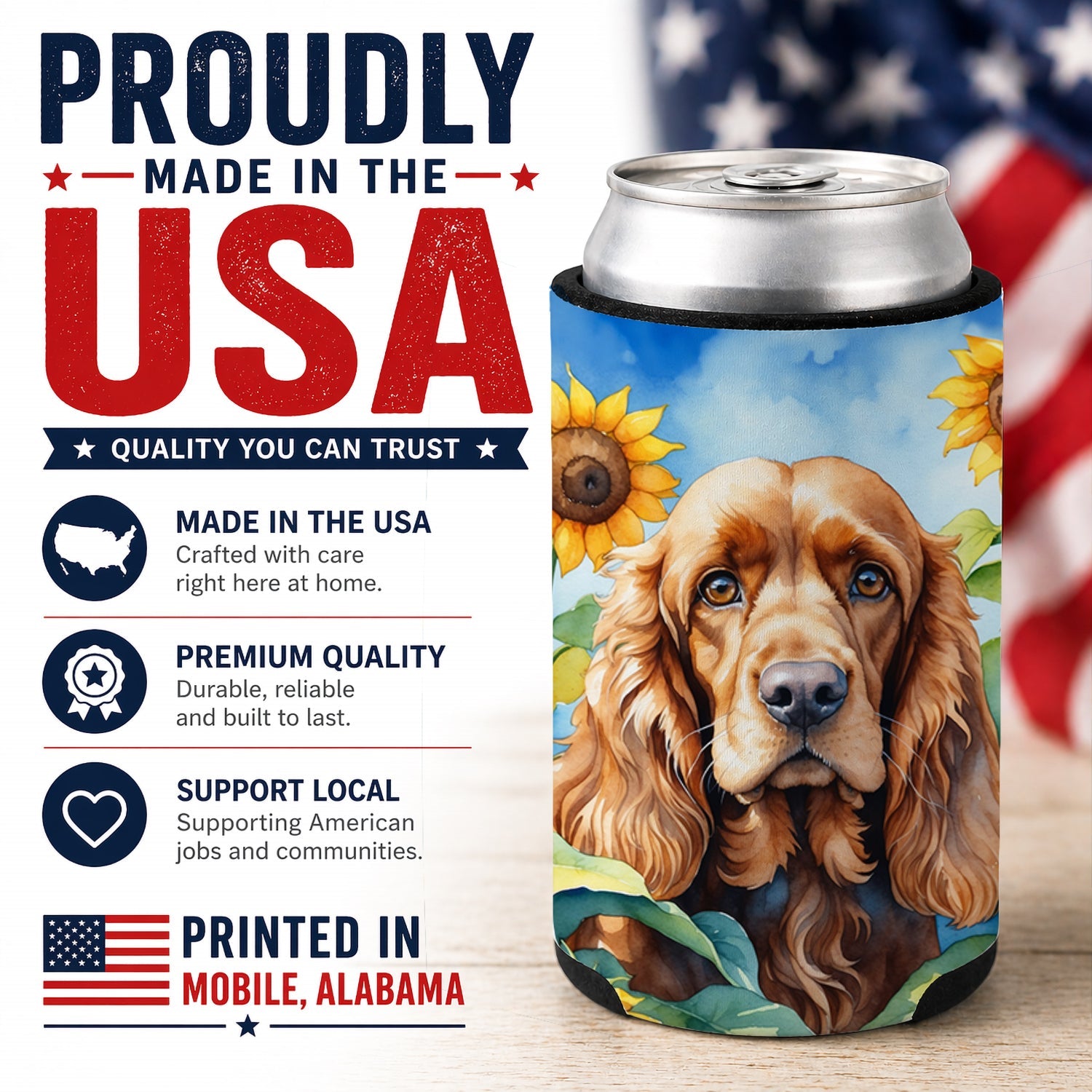 Cocker Spaniel in Sunflowers Can or Bottle Hugger Cooler Sleeve for Standard 12 oz Cans, Insulated Foam Beer & Soda Can Hugger Reusable