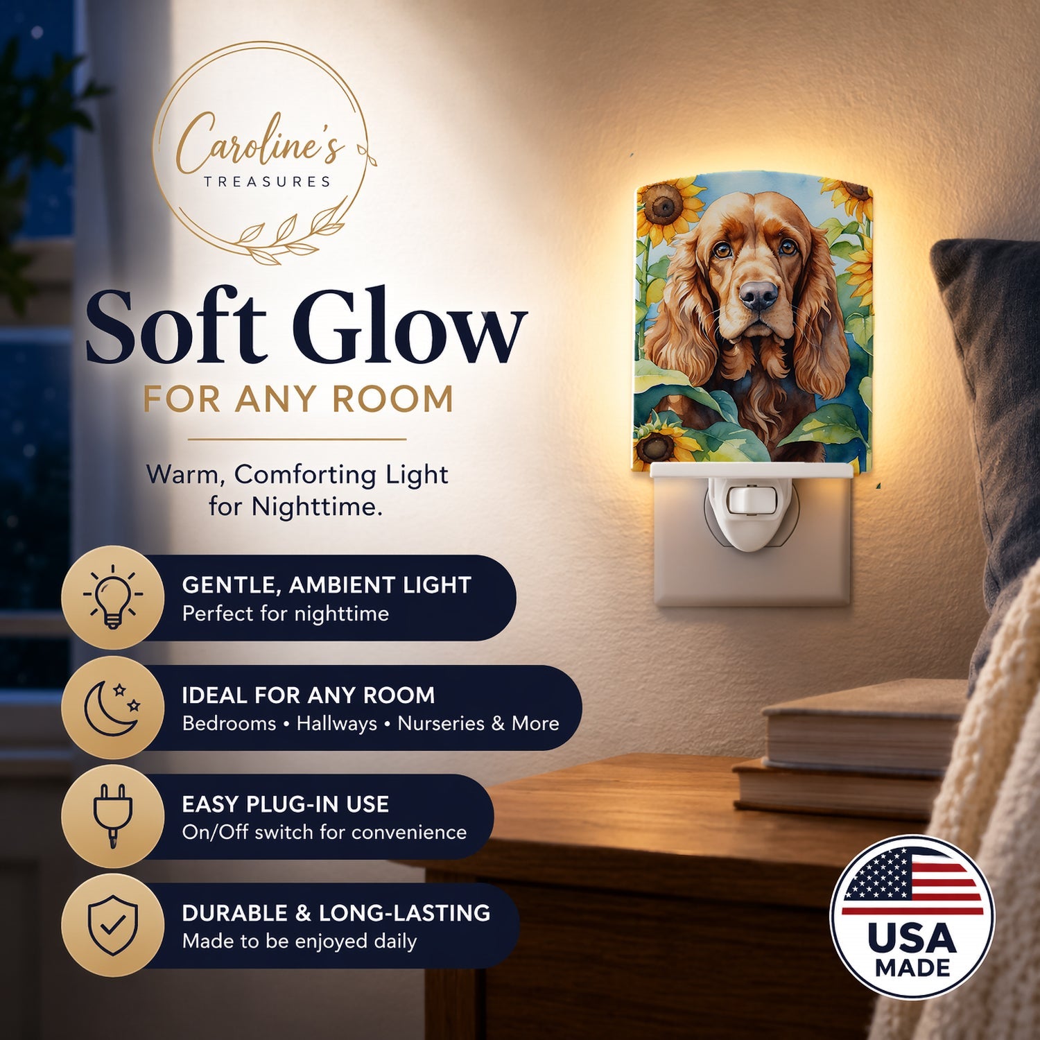 Cocker Spaniel in Sunflowers Ceramic Night Light Compact, UL-Certified, Ideal for Bedroom, Bathroom, Nursery, Hallway, Kitchen, 6x4x3, Multicolor