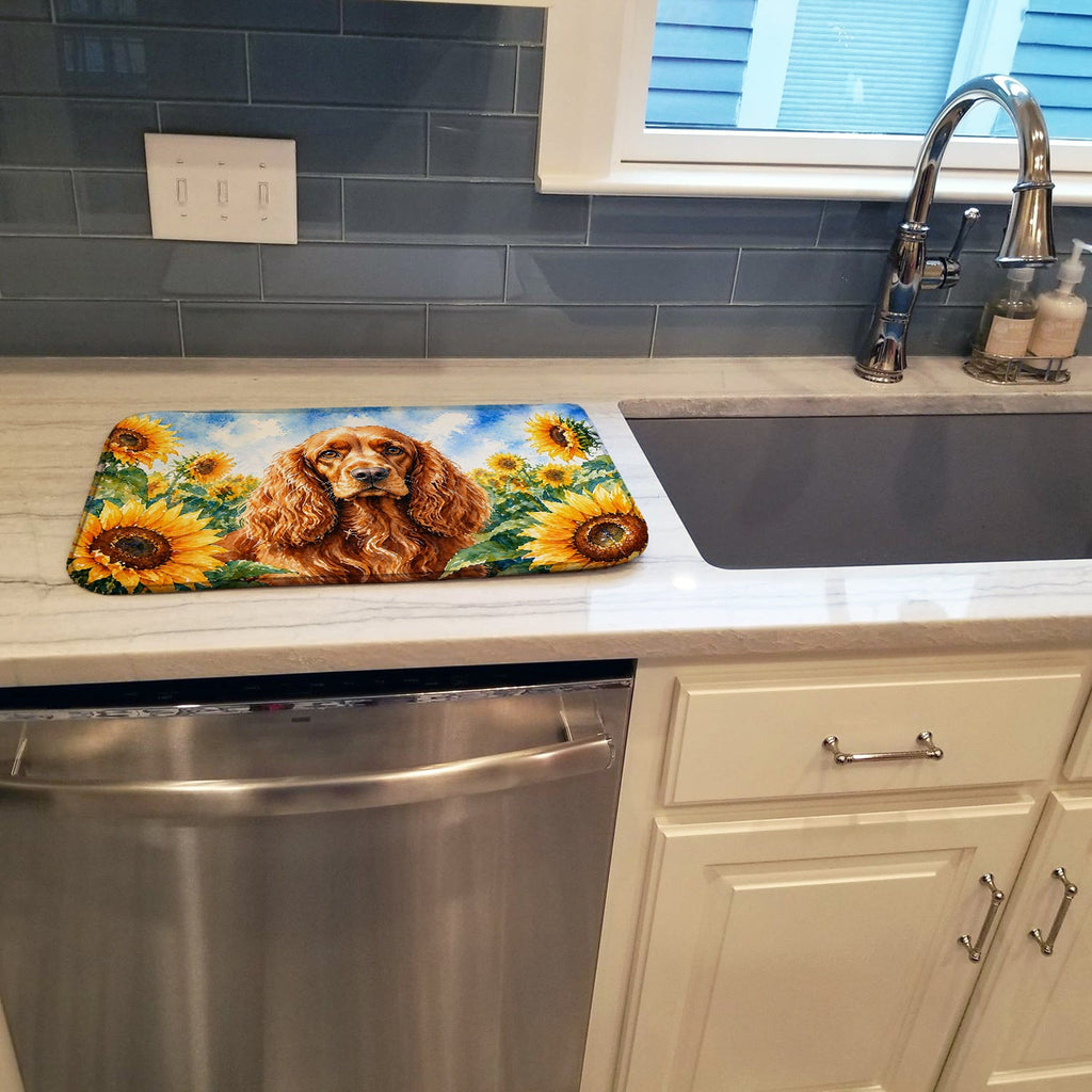 Cocker Spaniel in Sunflowers Dish Drying Mat Absorbent Dish Drying Mat Pad for Kitchen Counter Dish Drainer Mat for Countertop, 14 x 21", Multicolor
