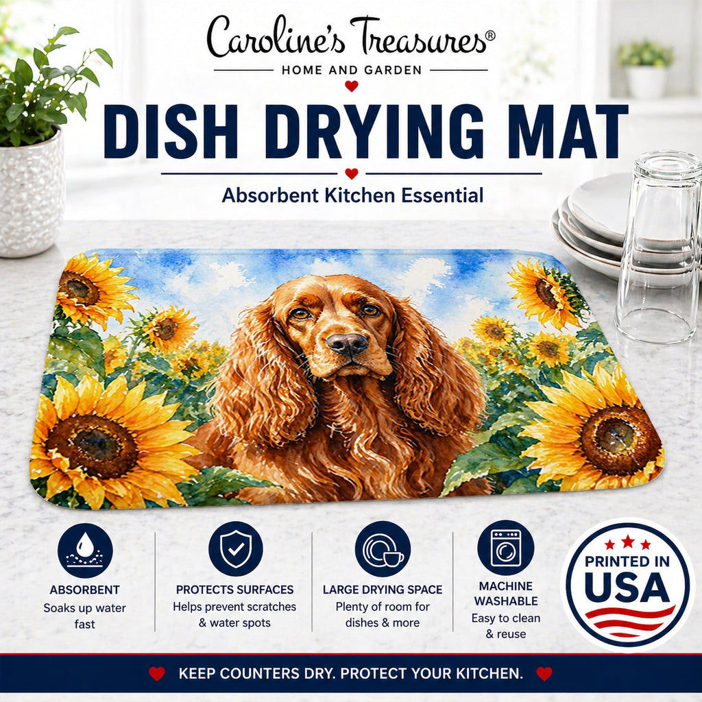 Cocker Spaniel in Sunflowers Dish Drying Mat Absorbent Dish Drying Mat Pad for Kitchen Counter Dish Drainer Mat for Countertop, 14 x 21", Multicolor