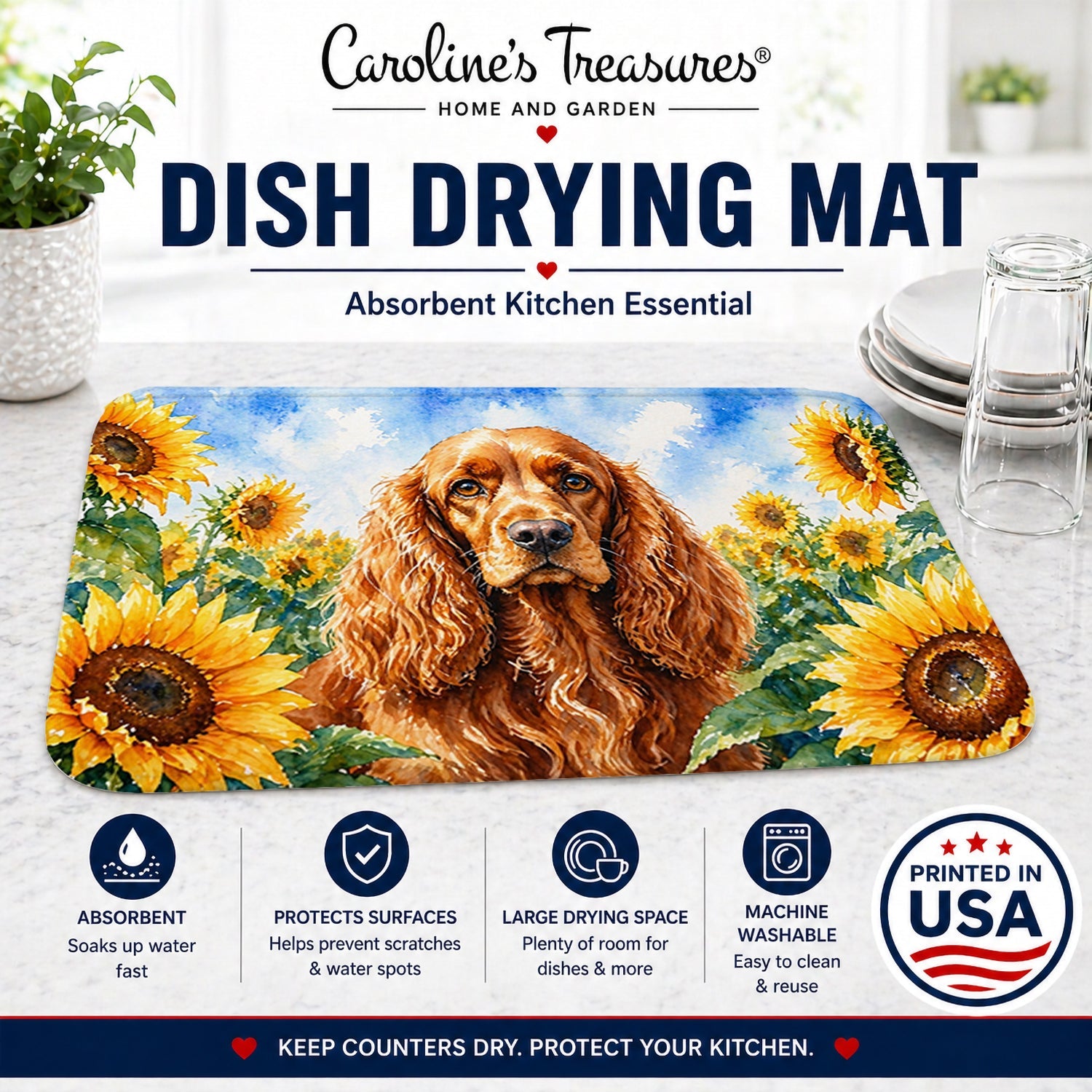 Cocker Spaniel in Sunflowers Dish Drying Mat Absorbent Dish Drying Mat Pad for Kitchen Counter Dish Drainer Mat for Countertop, 14 x 21", Multicolor