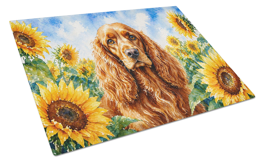 Cocker Spaniel in Sunflowers Cutting Board Tempered Glass Kitchen Cutting Surface, Heat Resistant Chopping Board with Non-Slip Feet, Decorative Food Prep & Serving