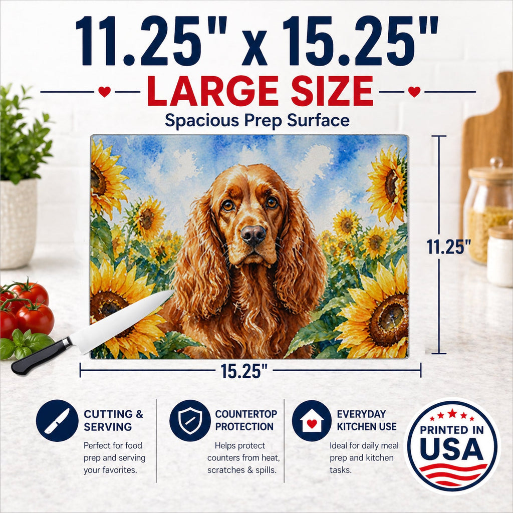 Cocker Spaniel in Sunflowers Cutting Board Tempered Glass Kitchen Cutting Surface, Heat Resistant Chopping Board with Non-Slip Feet, Decorative Food Prep & Serving