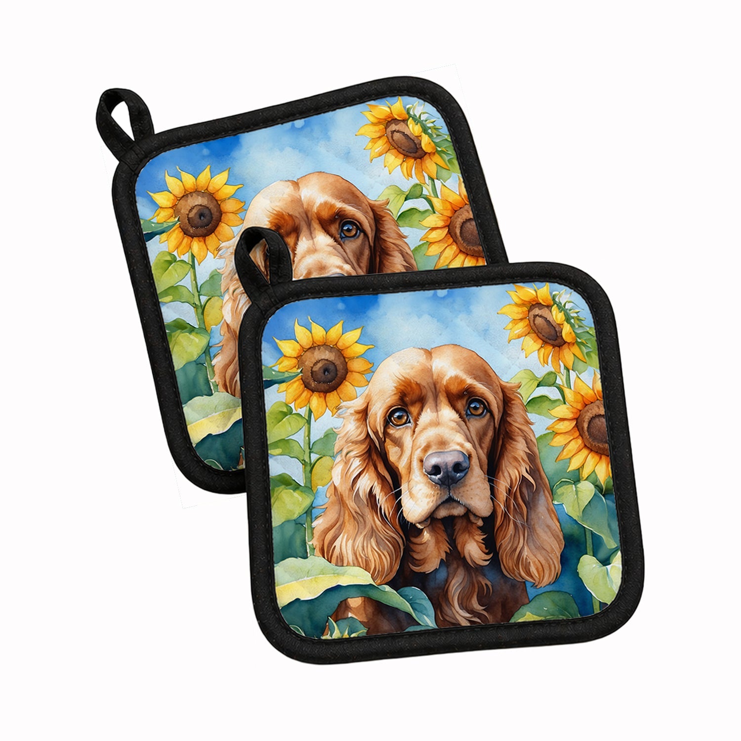 Cocker Spaniel in Sunflowers Pot Holder Set of 2 Heat Resistant Quilted Hot Pads 7.5 x 7.5 Inch, Insulated Kitchen Trivets for Cooking & Baking