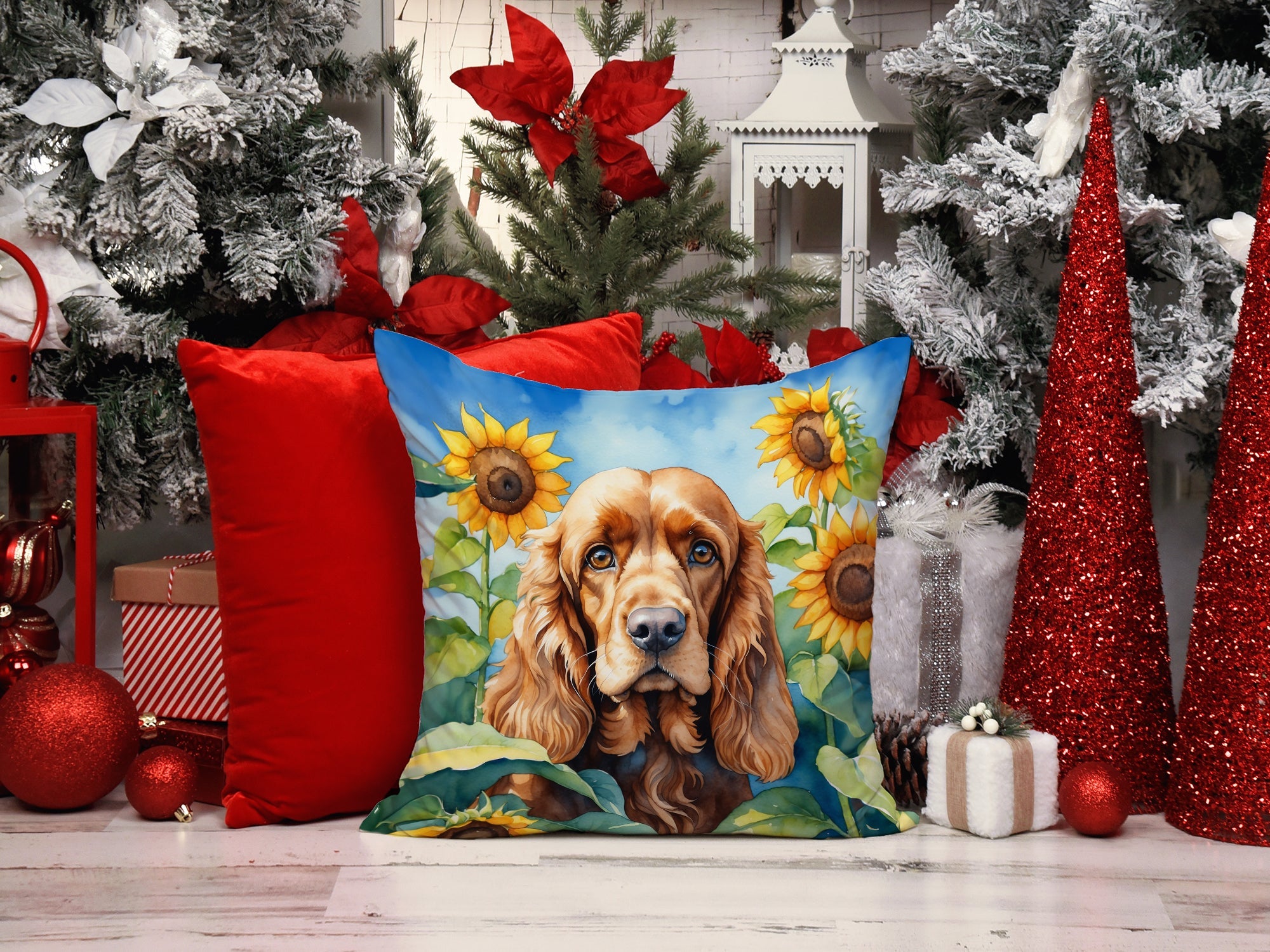 Cocker Spaniel in Sunflowers Decorative Throw Pillow 14x14 Indoor Outdoor Accent Cushion, Fabric Cover with Insert for Sofa, Bed, Porch & Living Room