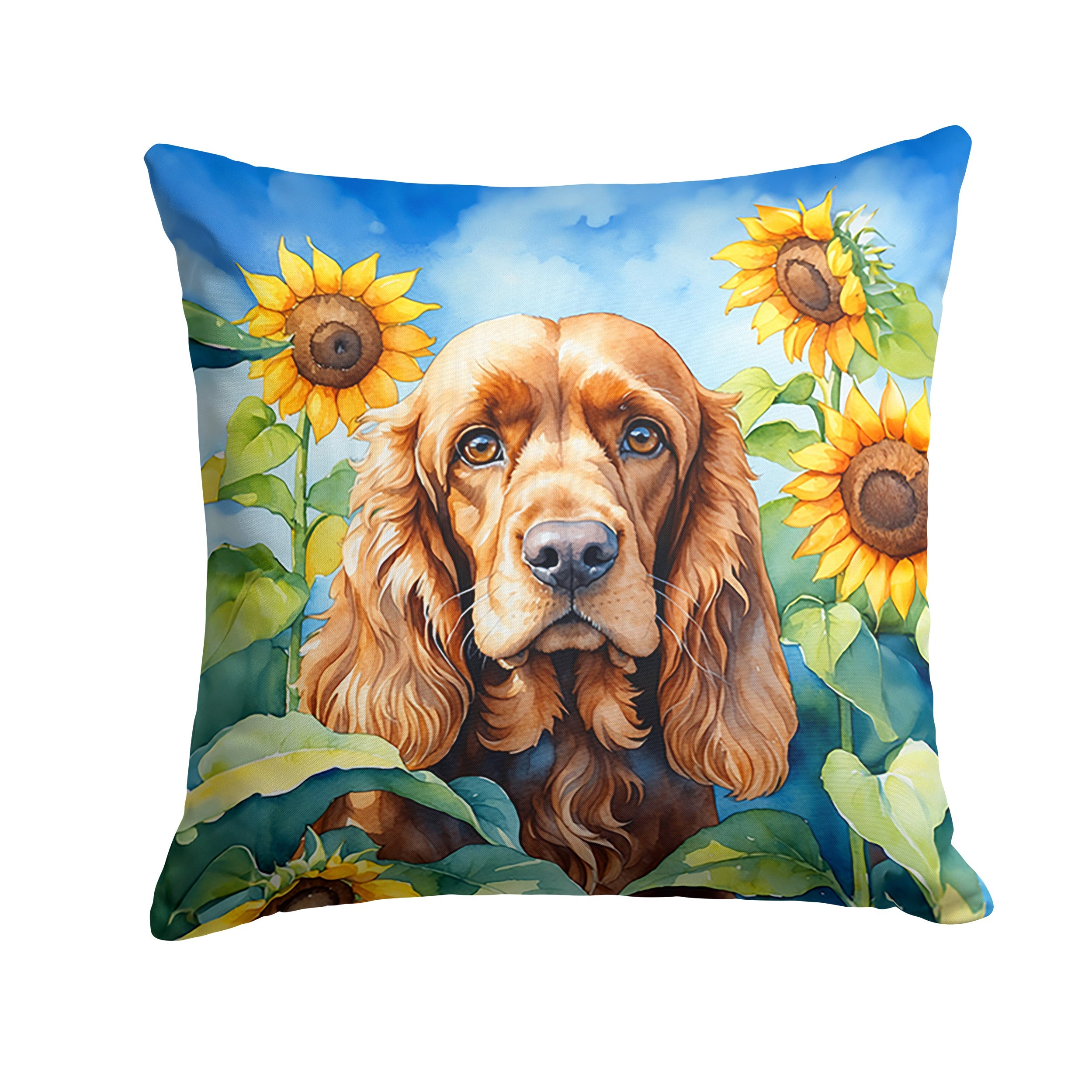 Cocker Spaniel in Sunflowers Decorative Throw Pillow 18x18 Indoor Outdoor Accent Cushion, Fabric Cover with Insert for Sofa, Bed, Porch & Living Room