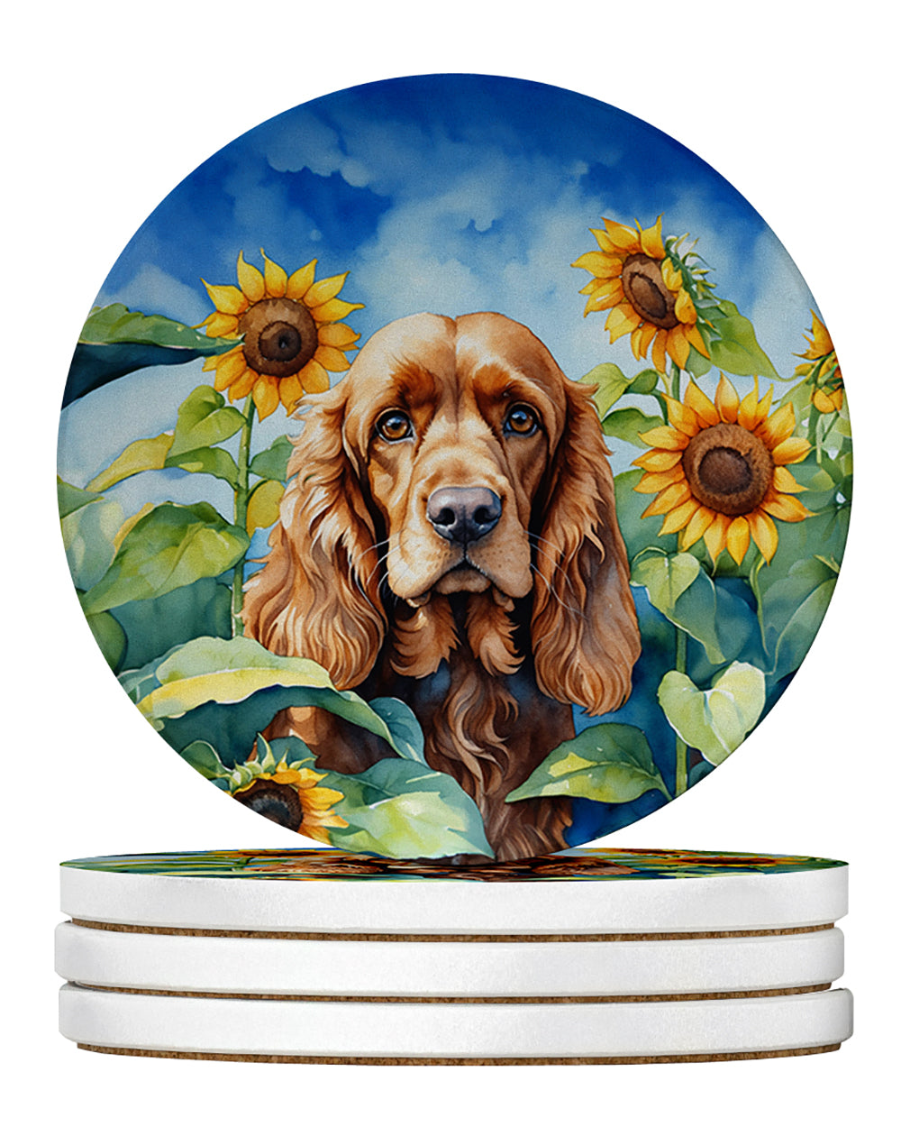 Cocker Spaniel in Sunflowers Large Sandstone Coasters Pack of 4 Absorbent Round Coasters Decor Gifts for Men or Women, 4 in, Multicolor