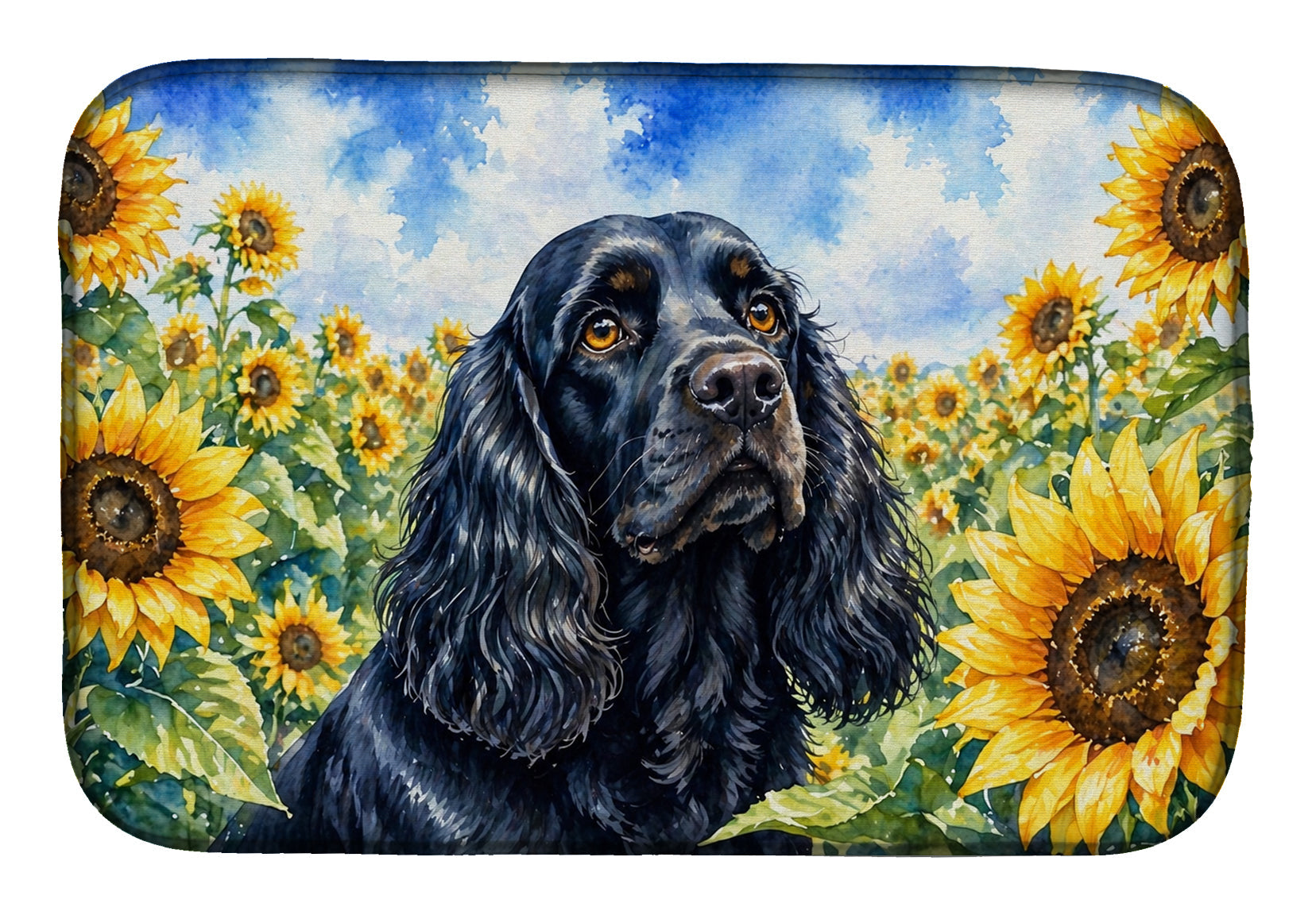 Cocker Spaniel in Sunflowers Dish Drying Mat Absorbent Dish Drying Mat Pad for Kitchen Counter Dish Drainer Mat for Countertop, 14 x 21", Multicolor