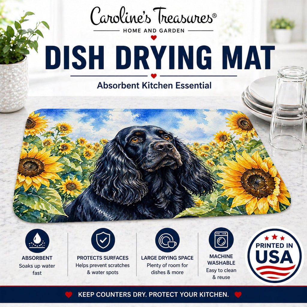 Cocker Spaniel in Sunflowers Dish Drying Mat Absorbent Dish Drying Mat Pad for Kitchen Counter Dish Drainer Mat for Countertop, 14 x 21", Multicolor