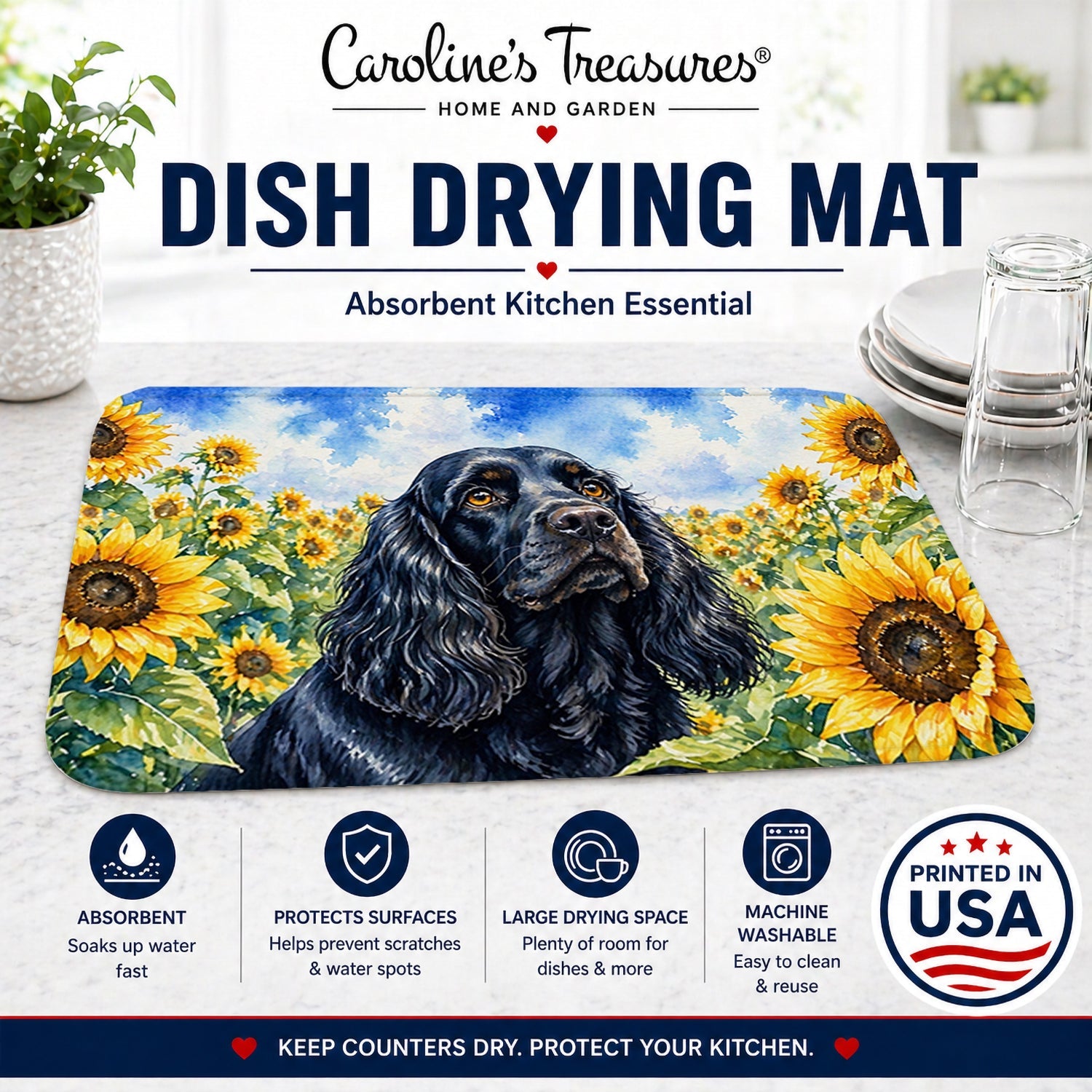 Cocker Spaniel in Sunflowers Dish Drying Mat Absorbent Dish Drying Mat Pad for Kitchen Counter Dish Drainer Mat for Countertop, 14 x 21", Multicolor