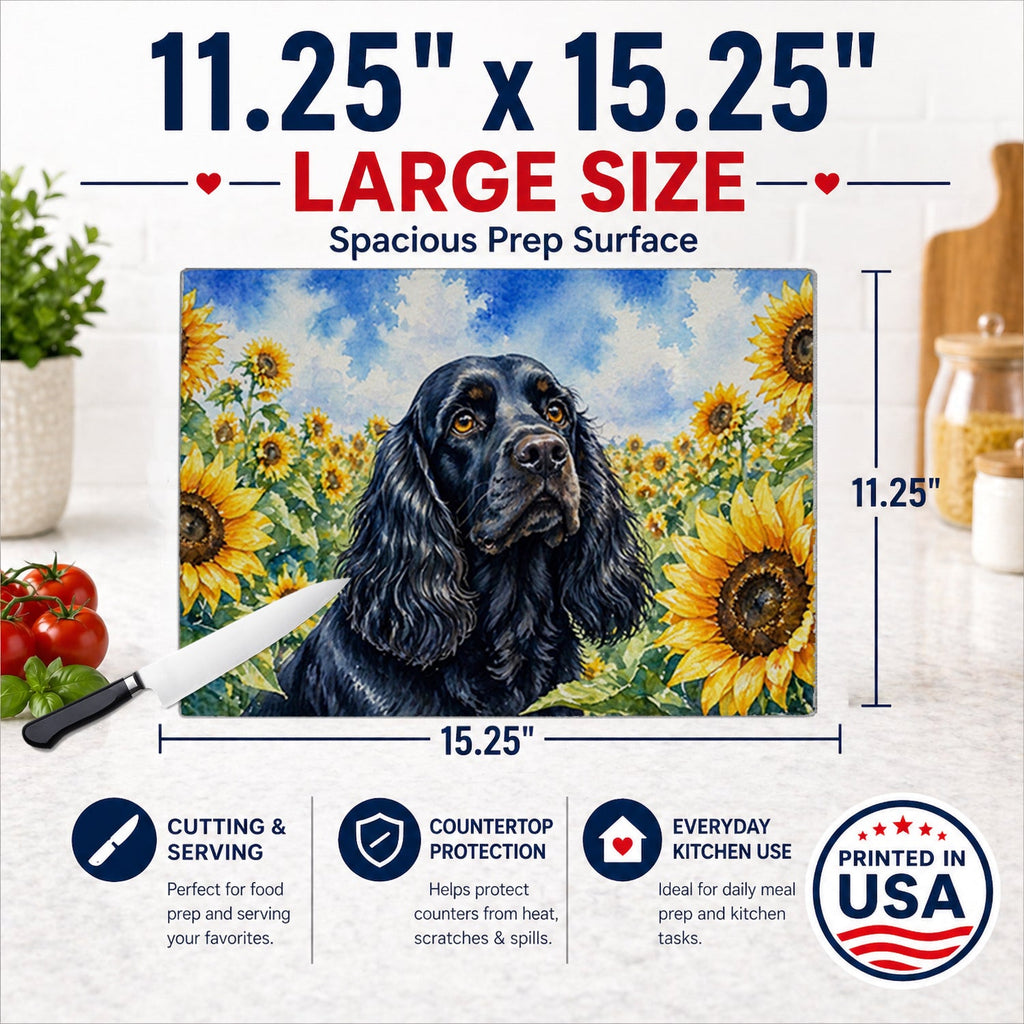 Cocker Spaniel in Sunflowers Cutting Board Tempered Glass Kitchen Cutting Surface, Heat Resistant Chopping Board with Non-Slip Feet, Decorative Food Prep & Serving