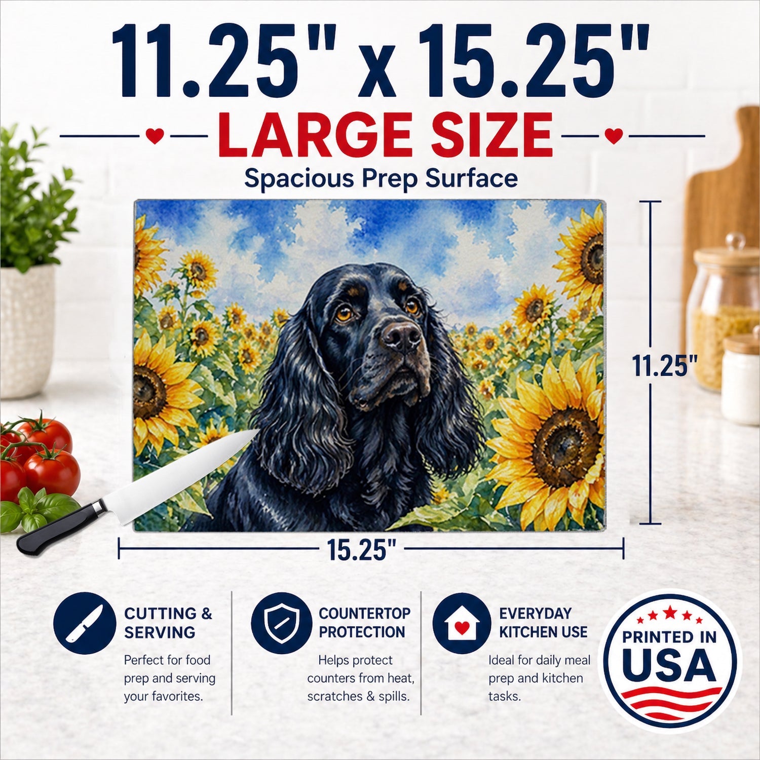 Cocker Spaniel in Sunflowers Cutting Board Tempered Glass Kitchen Cutting Surface, Heat Resistant Chopping Board with Non-Slip Feet, Decorative Food Prep & Serving