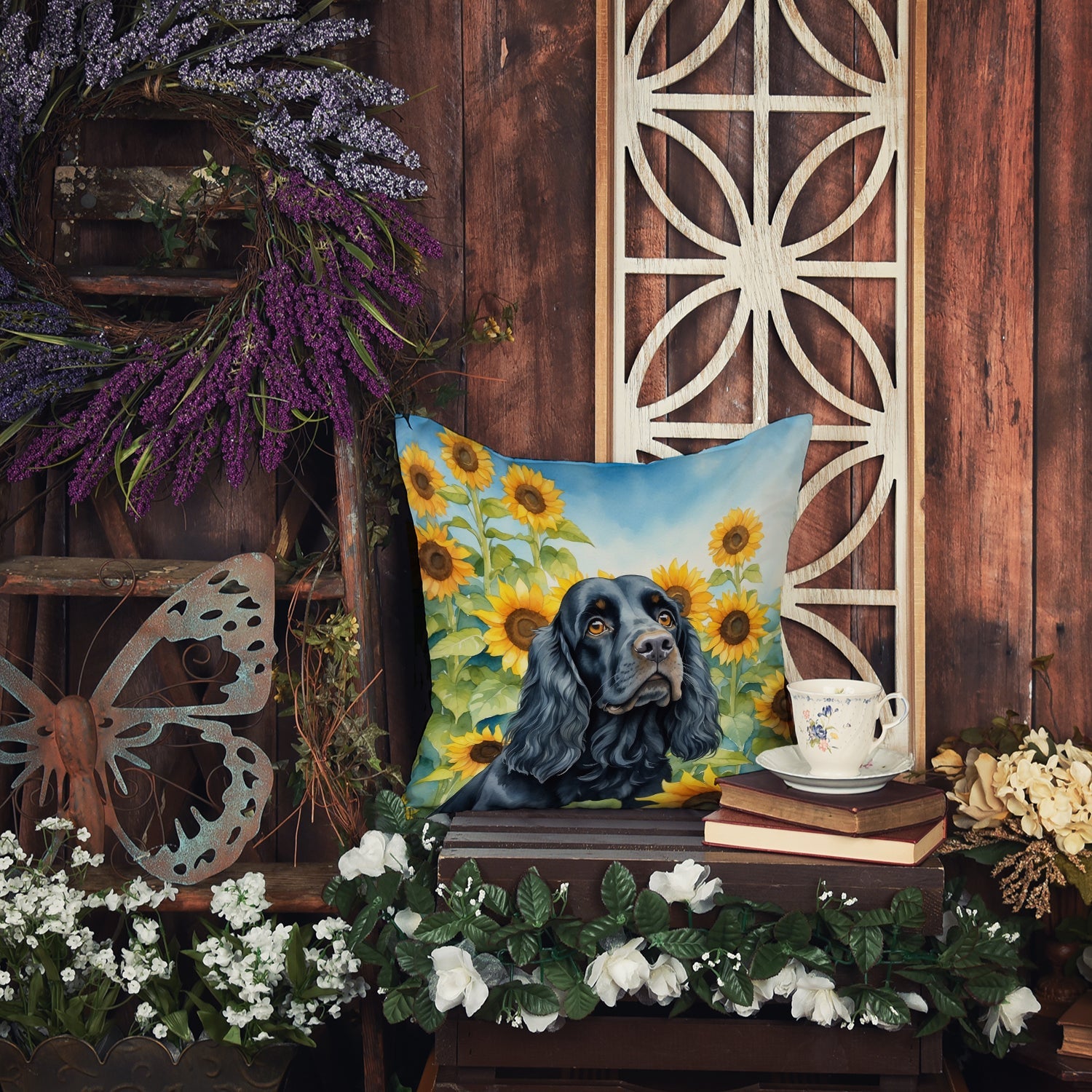 Cocker Spaniel in Sunflowers Decorative Throw Pillow 18x18 Indoor Outdoor Accent Cushion, Fabric Cover with Insert for Sofa, Bed, Porch & Living Room
