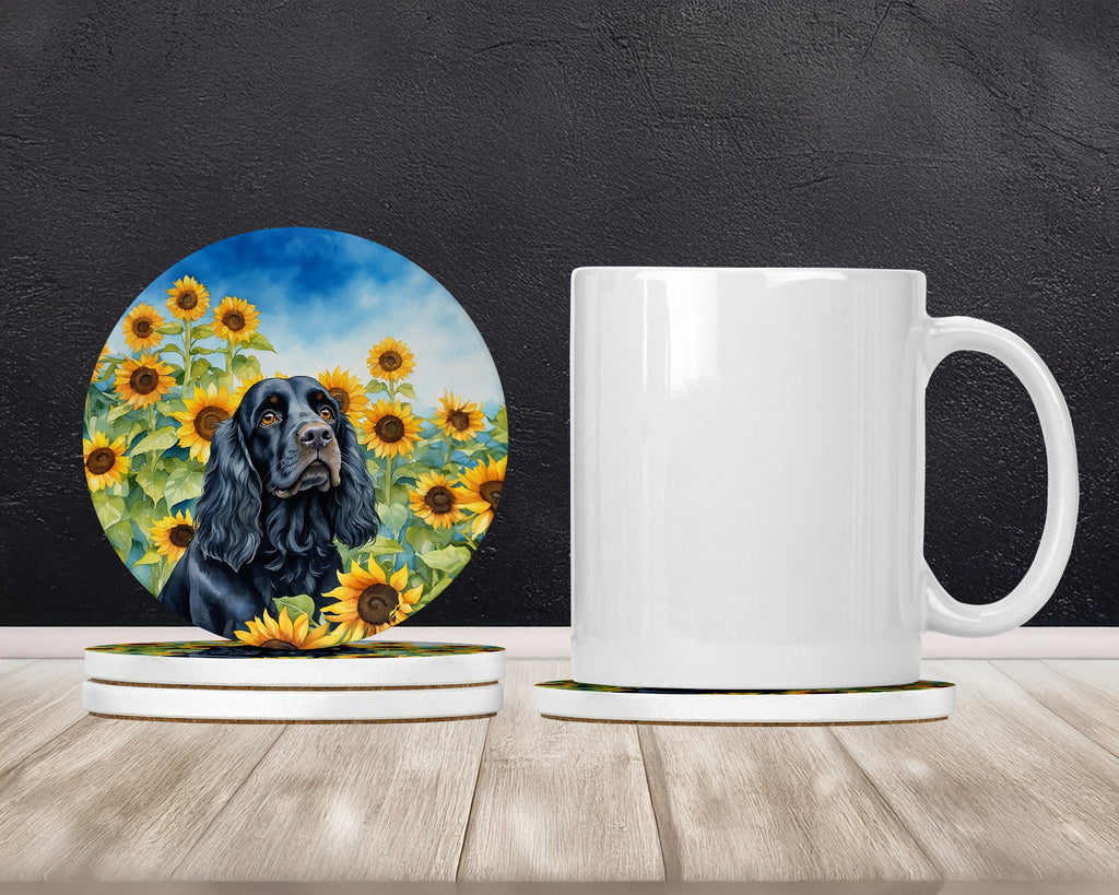 Cocker Spaniel in Sunflowers Large Sandstone Coasters Pack of 4 Absorbent Round Coasters Decor Gifts for Men or Women, 4 in, Multicolor
