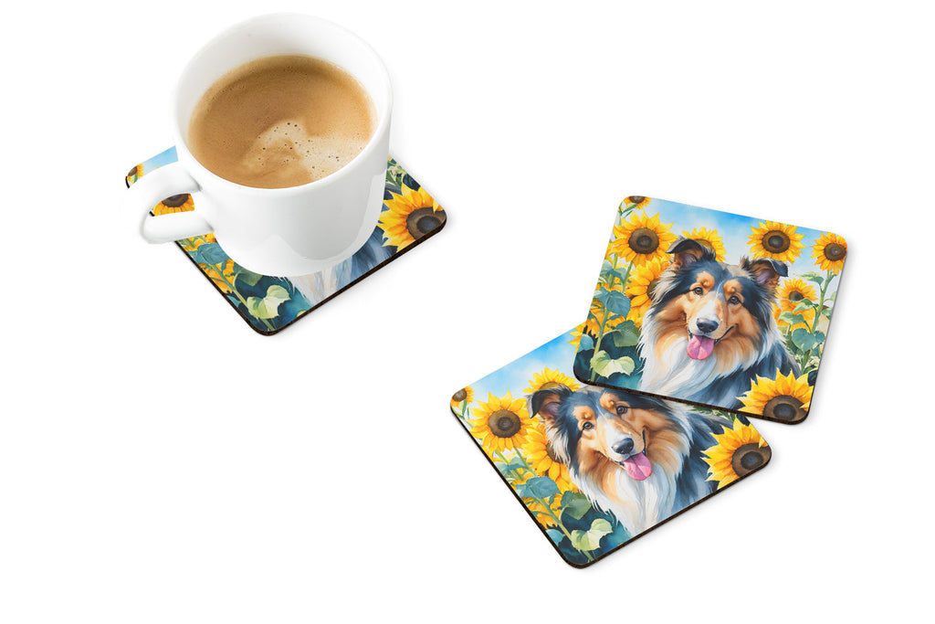 Collie in Sunflowers Foam Coasters Set of 4 Cup Coasters for Indoor Outdoor, Tabletop Protection, Anti Slip, Mouse pad Material