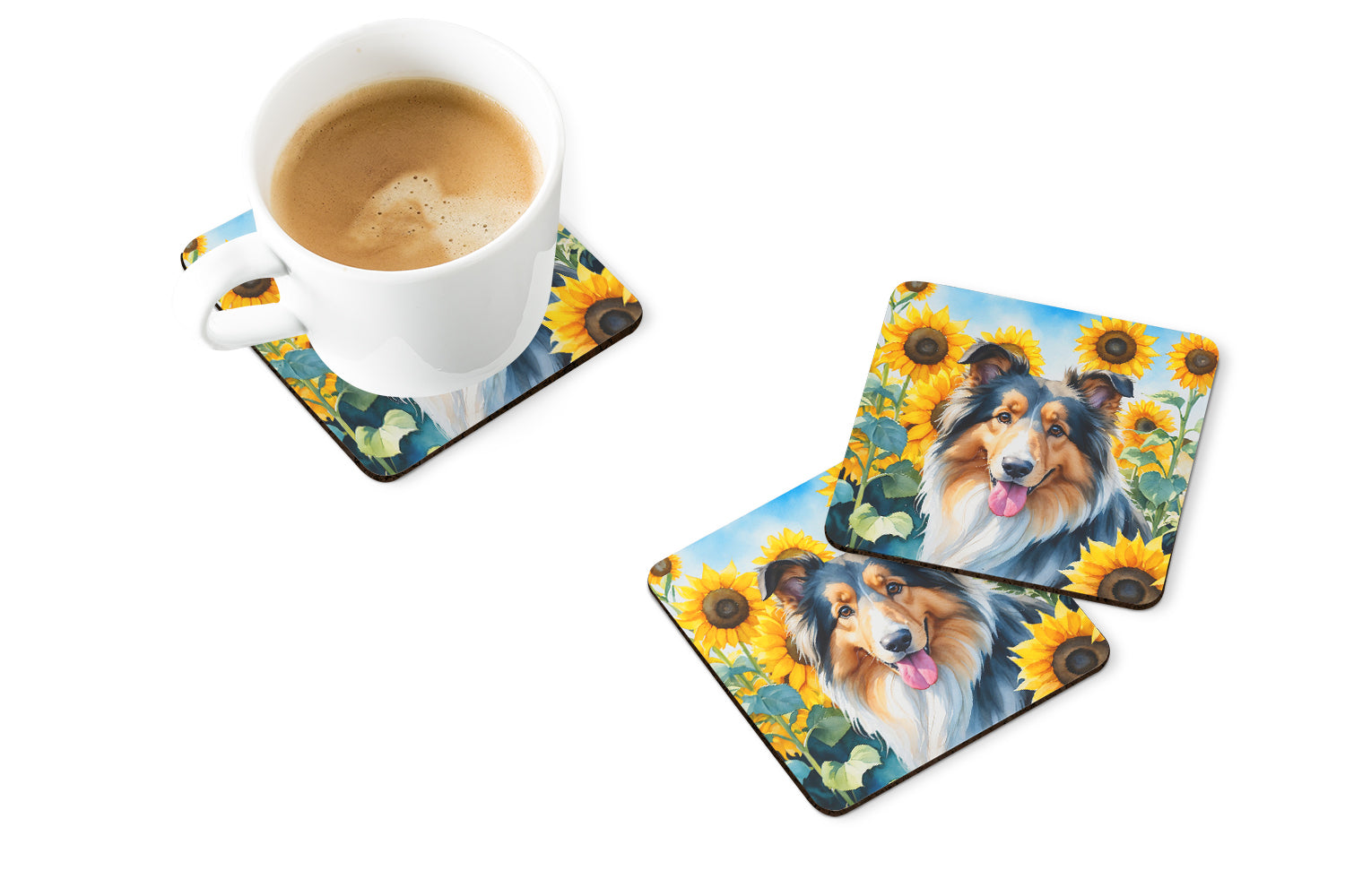 Collie in Sunflowers Foam Coasters Set of 4 Cup Coasters for Indoor Outdoor, Tabletop Protection, Anti Slip, Mouse pad Material