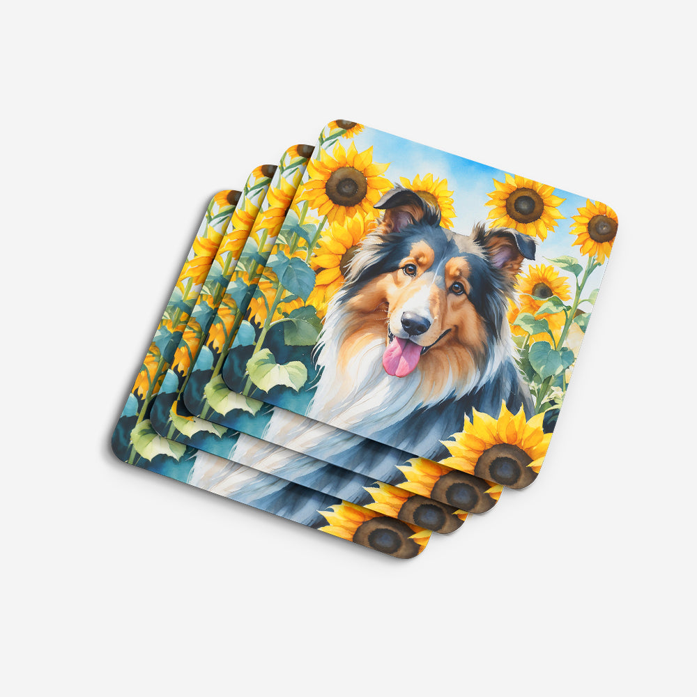 Collie in Sunflowers Foam Coasters Set of 4 Cup Coasters for Indoor Outdoor, Tabletop Protection, Anti Slip, Mouse pad Material