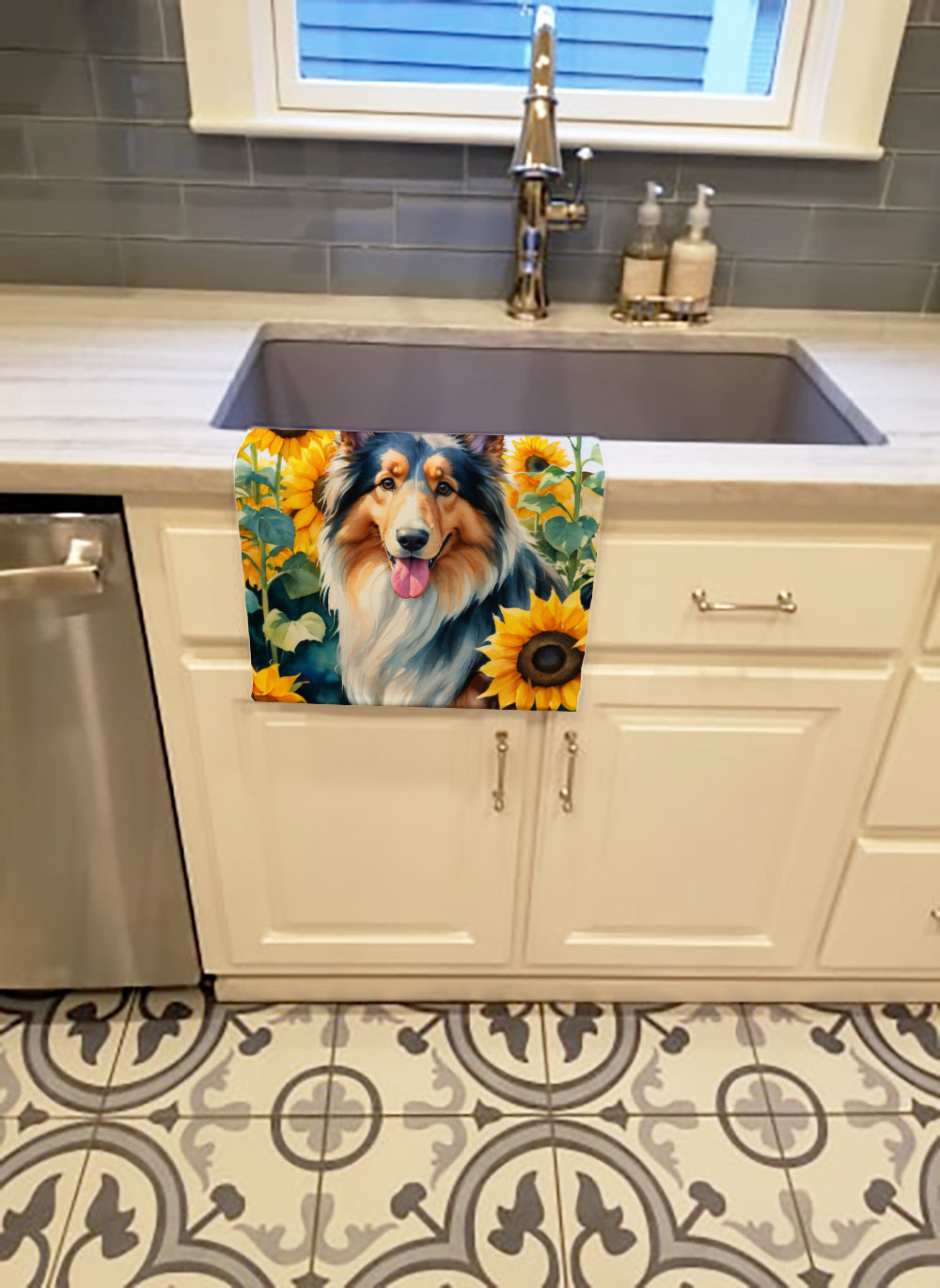 Collie in Sunflowers Kitchen Towel Velour Plush Front and Cotton Loop Back Machine Washable