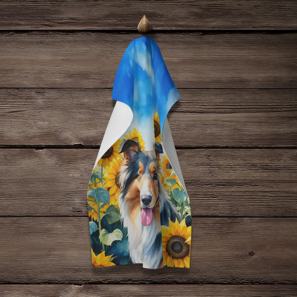 Collie in Sunflowers Kitchen Towel Velour Plush Front and Cotton Loop Back Machine Washable