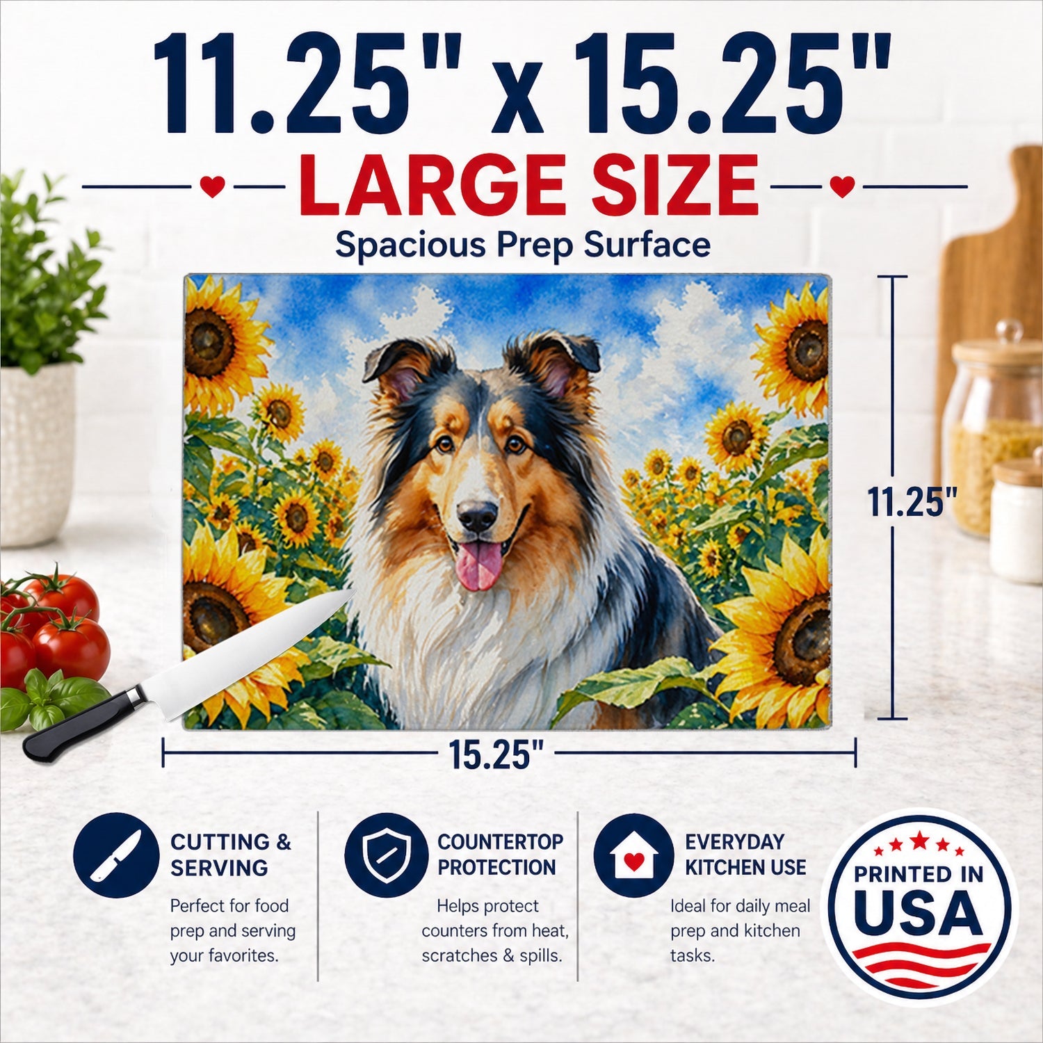 Collie in Sunflowers Cutting Board Tempered Glass Kitchen Cutting Surface, Heat Resistant Chopping Board with Non-Slip Feet, Decorative Food Prep & Serving