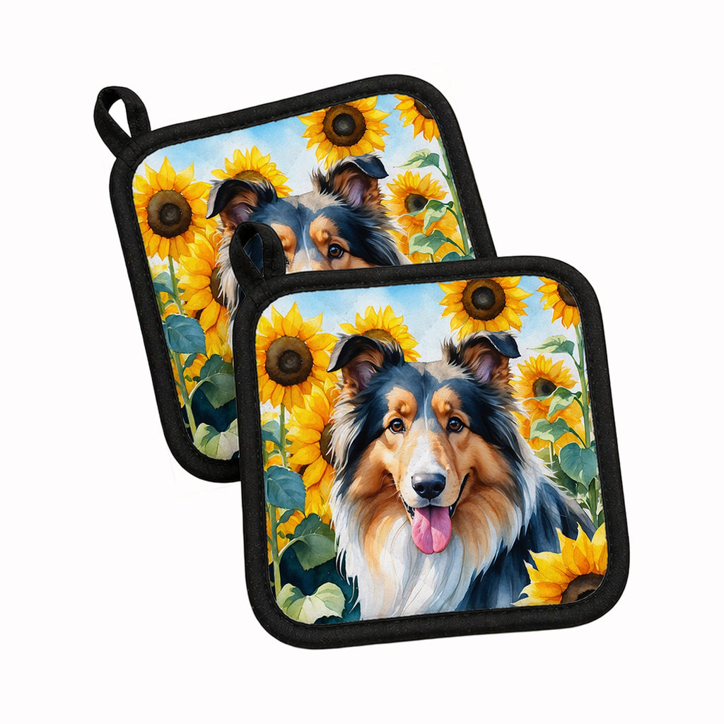 Collie in Sunflowers Pot Holder Set of 2 Heat Resistant Quilted Hot Pads 7.5 x 7.5 Inch, Insulated Kitchen Trivets for Cooking & Baking