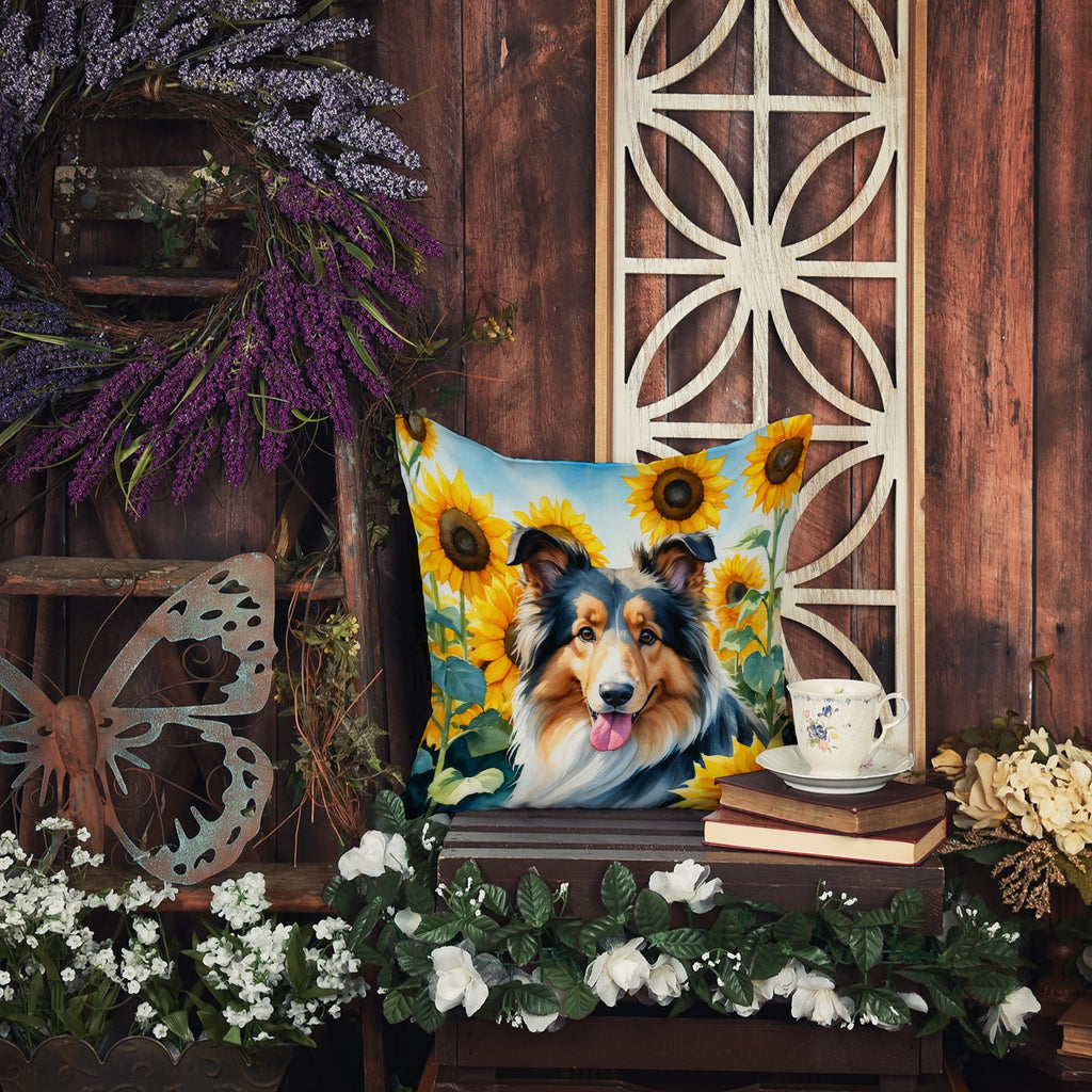 Collie in Sunflowers Decorative Throw Pillow 14x14 Indoor Outdoor Accent Cushion, Fabric Cover with Insert for Sofa, Bed, Porch & Living Room