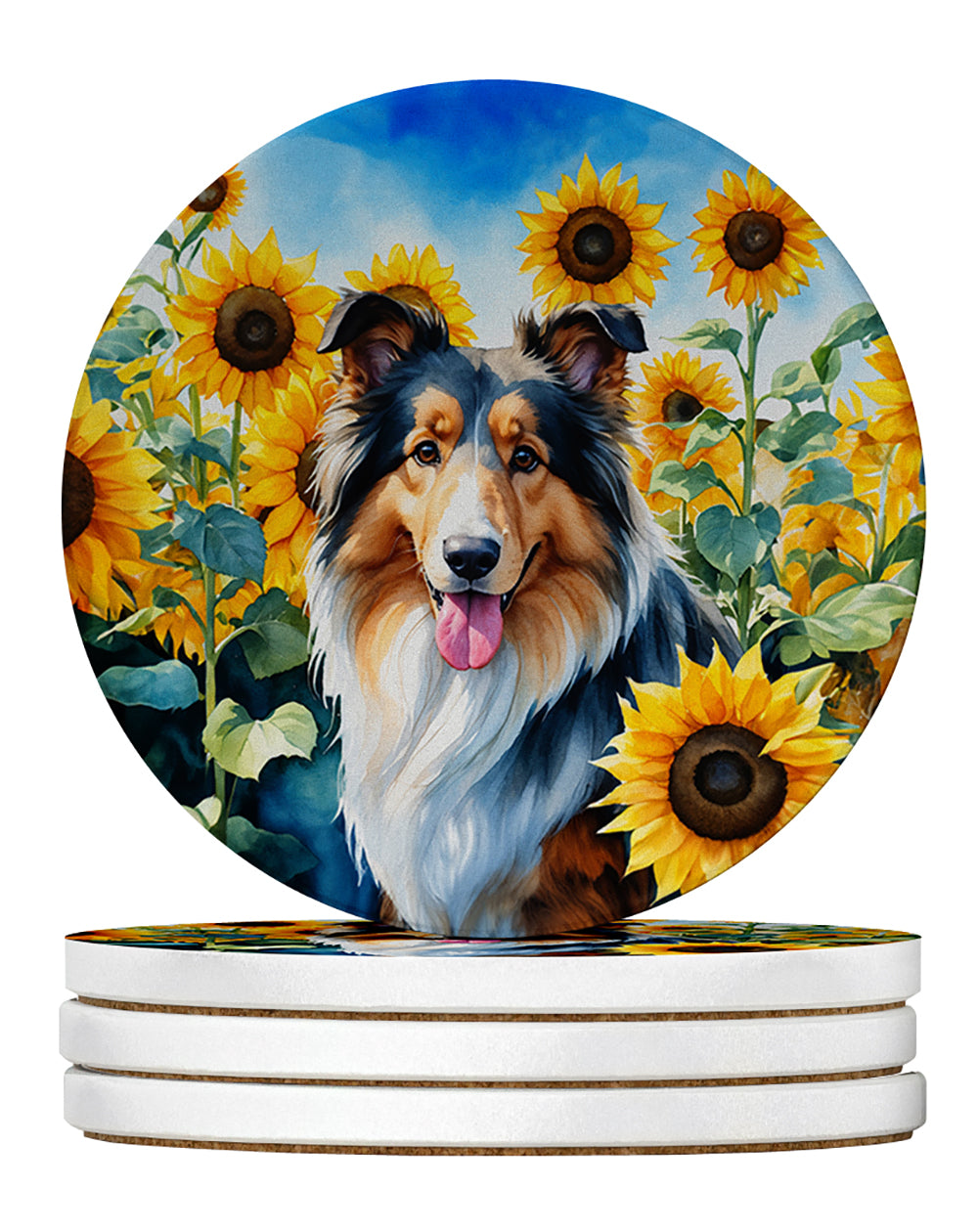 Collie in Sunflowers Large Sandstone Coasters Pack of 4 Absorbent Round Coasters Decor Gifts for Men or Women, 4 in, Multicolor