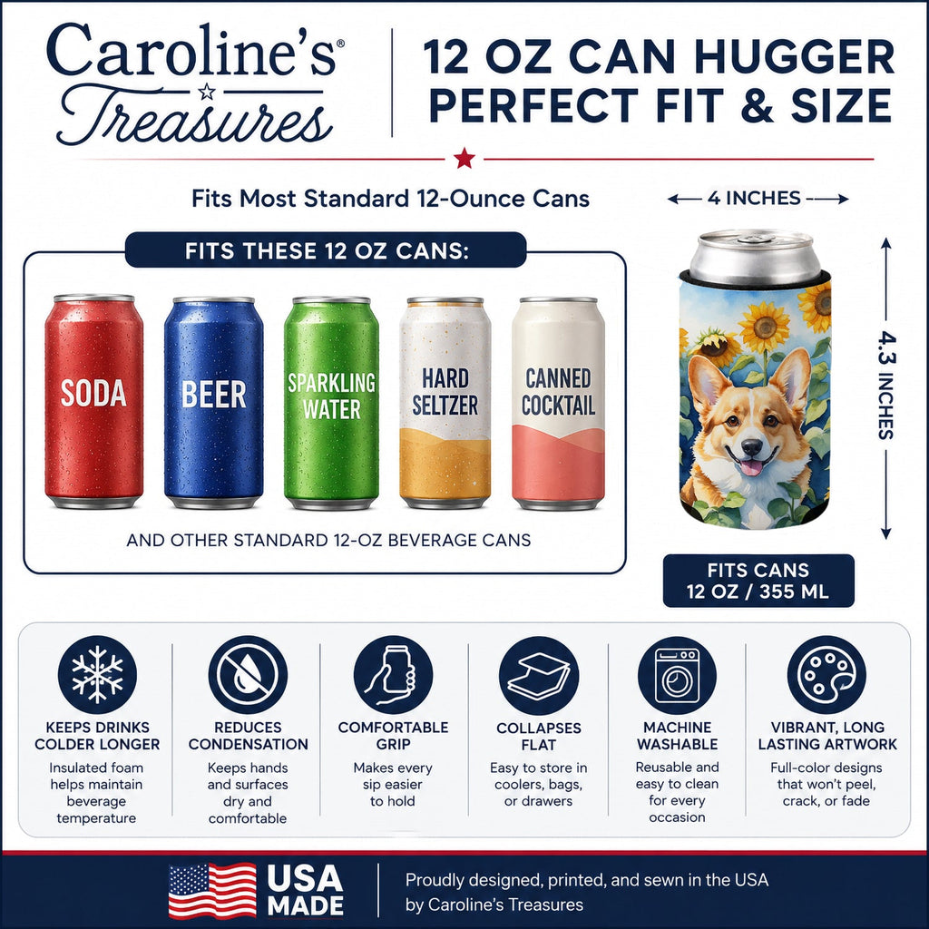 Corgi in Sunflowers Can or Bottle Hugger Cooler Sleeve for Standard 12 oz Cans, Insulated Foam Beer & Soda Can Hugger Reusable