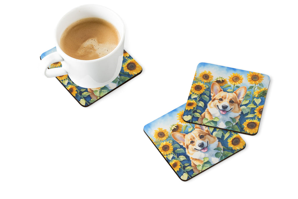 Corgi in Sunflowers Foam Coasters Set of 4 Cup Coasters for Indoor Outdoor, Tabletop Protection, Anti Slip, Mouse pad Material
