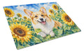 Corgi in Sunflowers Cutting Board Tempered Glass Kitchen Cutting Surface, Heat Resistant Chopping Board with Non-Slip Feet, Decorative Food Prep & Serving