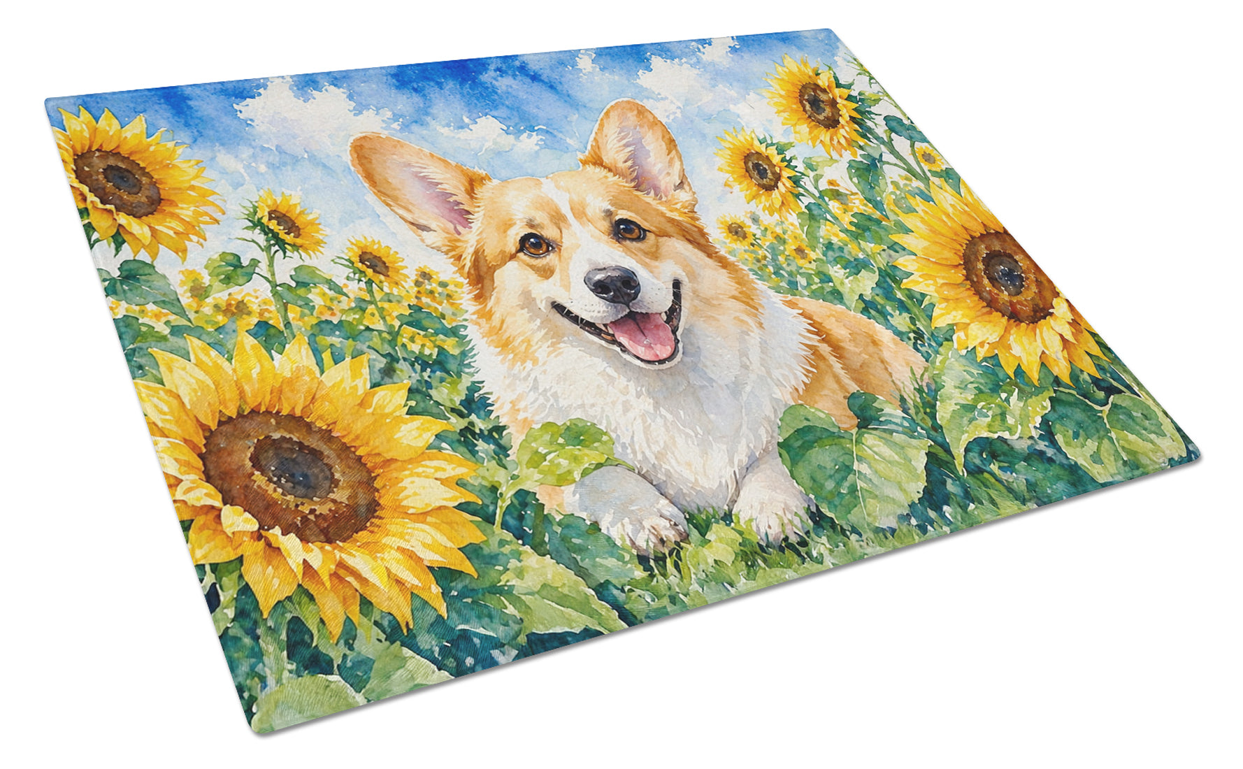 Corgi in Sunflowers Cutting Board Tempered Glass Kitchen Cutting Surface, Heat Resistant Chopping Board with Non-Slip Feet, Decorative Food Prep & Serving