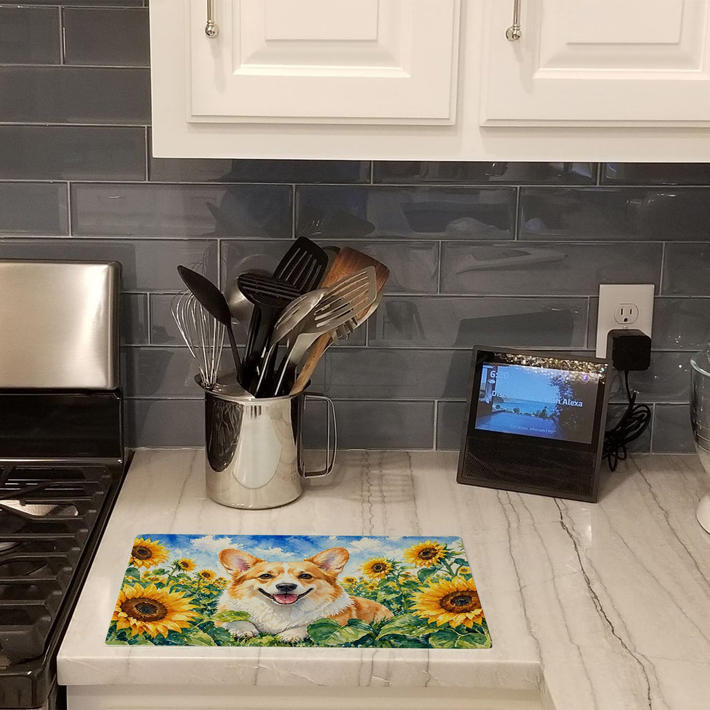 Corgi in Sunflowers Cutting Board Tempered Glass Kitchen Cutting Surface, Heat Resistant Chopping Board with Non-Slip Feet, Decorative Food Prep & Serving
