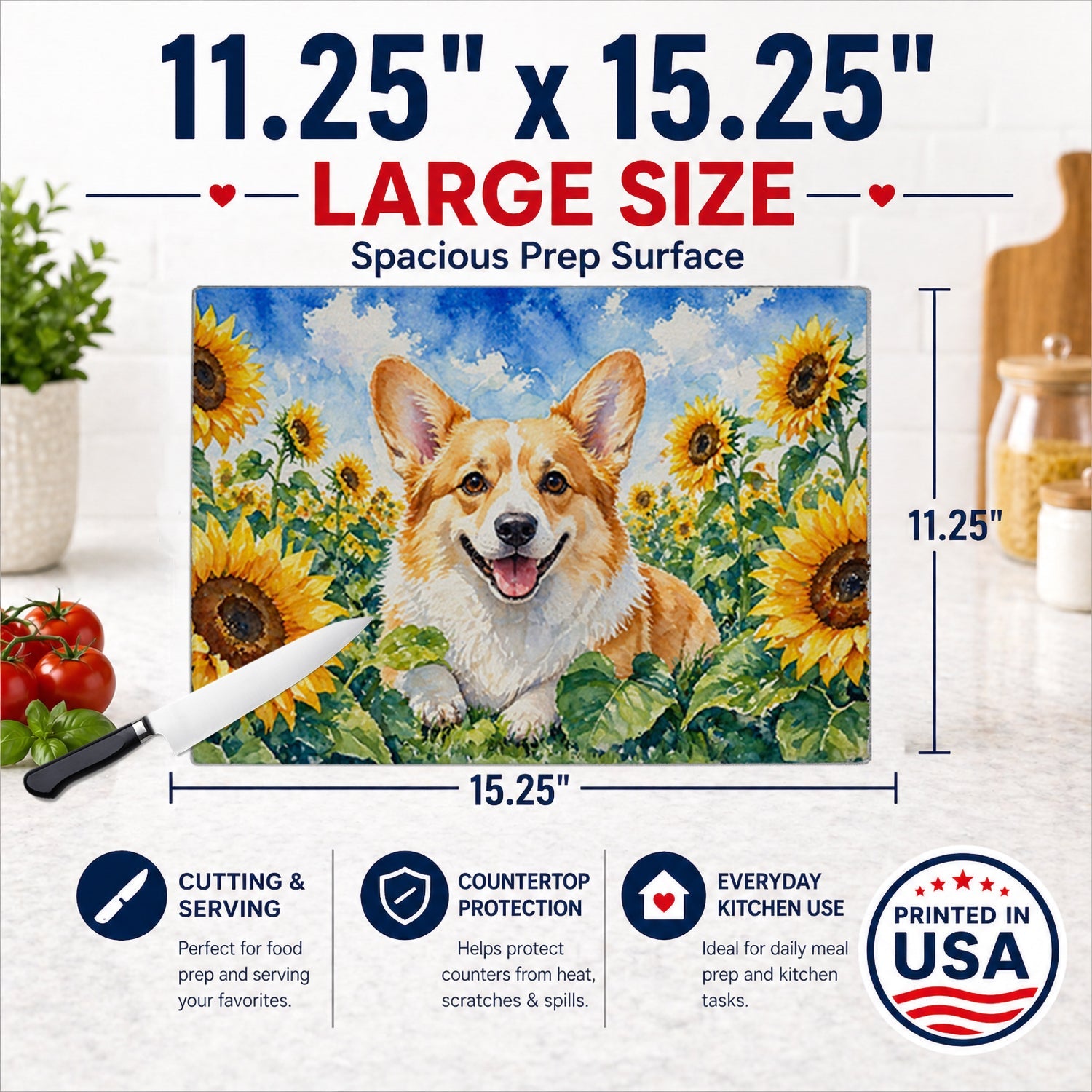 Corgi in Sunflowers Cutting Board Tempered Glass Kitchen Cutting Surface, Heat Resistant Chopping Board with Non-Slip Feet, Decorative Food Prep & Serving