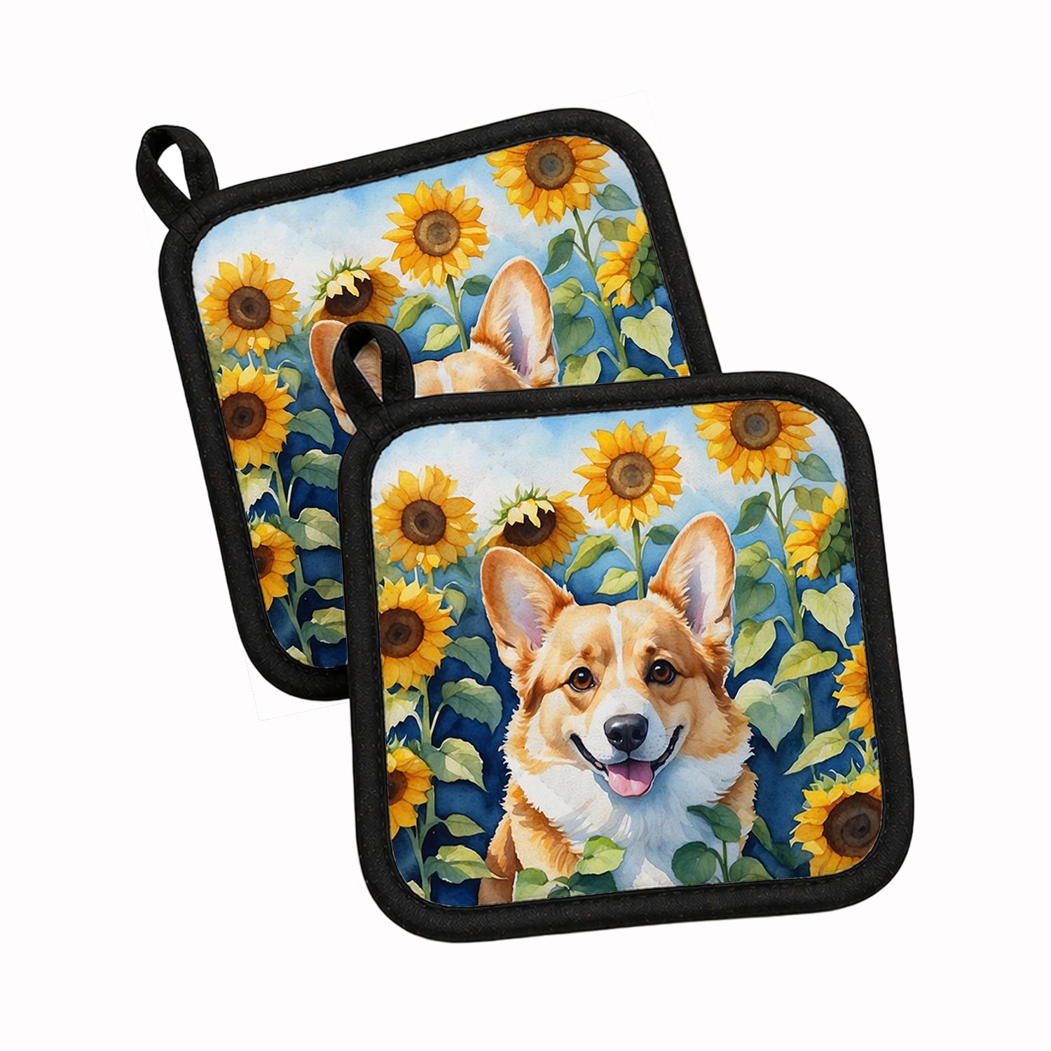 Corgi in Sunflowers Pot Holder Set of 2 Heat Resistant Quilted Hot Pads 7.5 x 7.5 Inch, Insulated Kitchen Trivets for Cooking & Baking