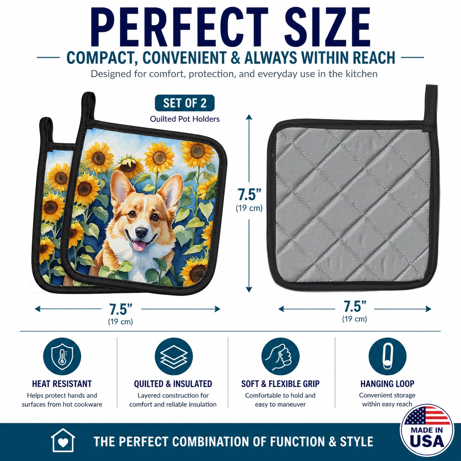 Corgi in Sunflowers Pot Holder Set of 2 Heat Resistant Quilted Hot Pads 7.5 x 7.5 Inch, Insulated Kitchen Trivets for Cooking & Baking