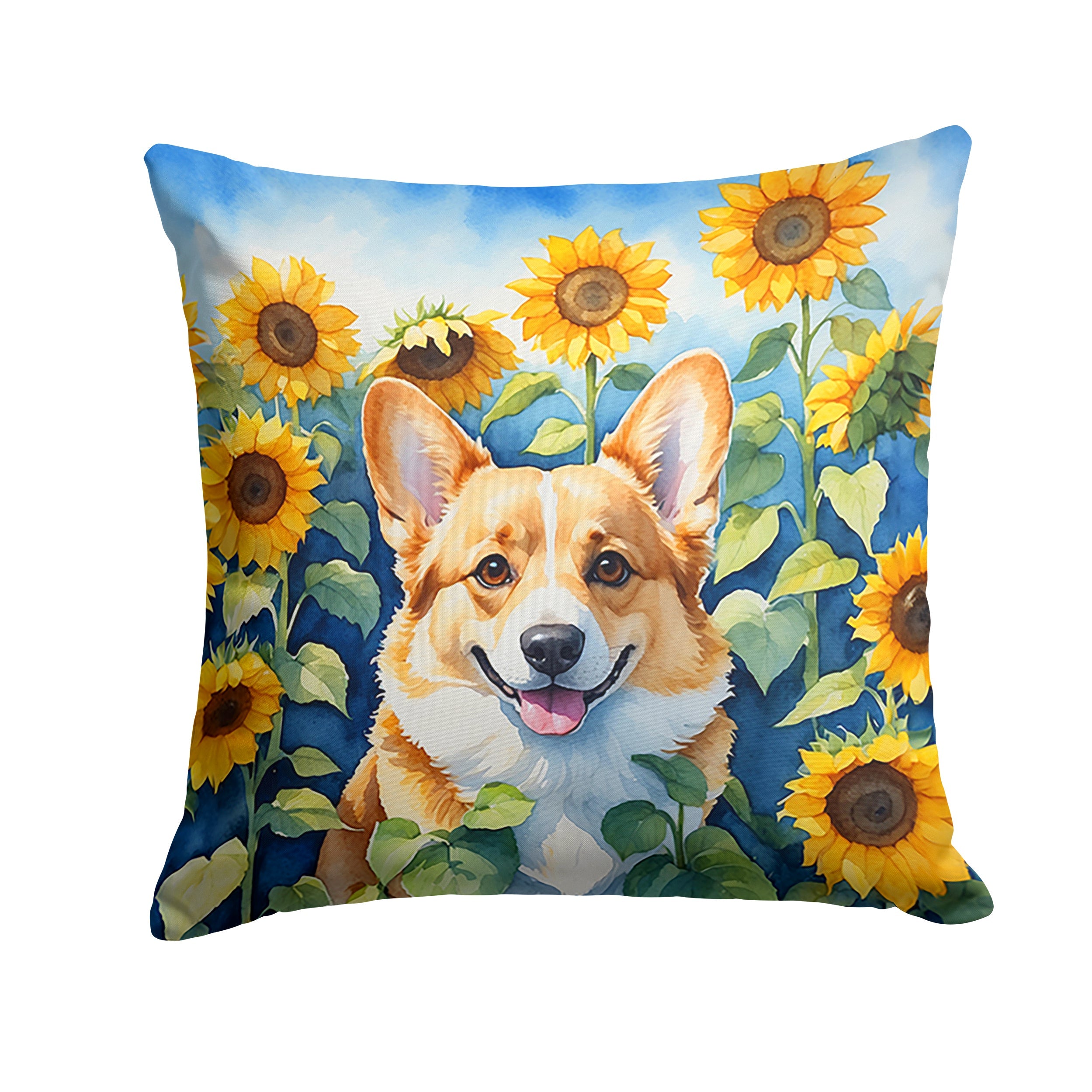 Corgi in Sunflowers Decorative Throw Pillow 18x18 Indoor Outdoor Accent Cushion, Fabric Cover with Insert for Sofa, Bed, Porch & Living Room