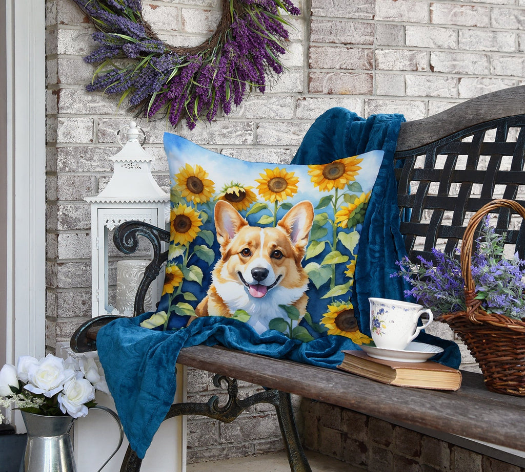 Corgi in Sunflowers Decorative Throw Pillow 18x18 Indoor Outdoor Accent Cushion, Fabric Cover with Insert for Sofa, Bed, Porch & Living Room