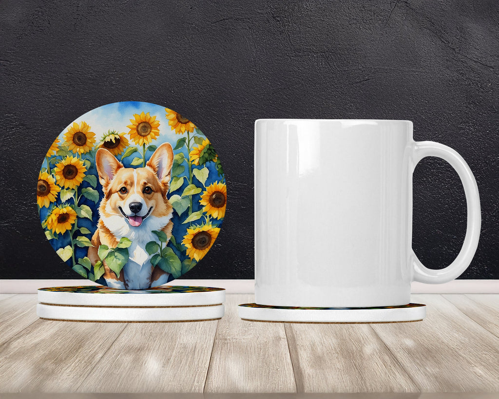 Corgi in Sunflowers Large Sandstone Coasters Pack of 4 Absorbent Round Coasters Decor Gifts for Men or Women, 4 in, Multicolor