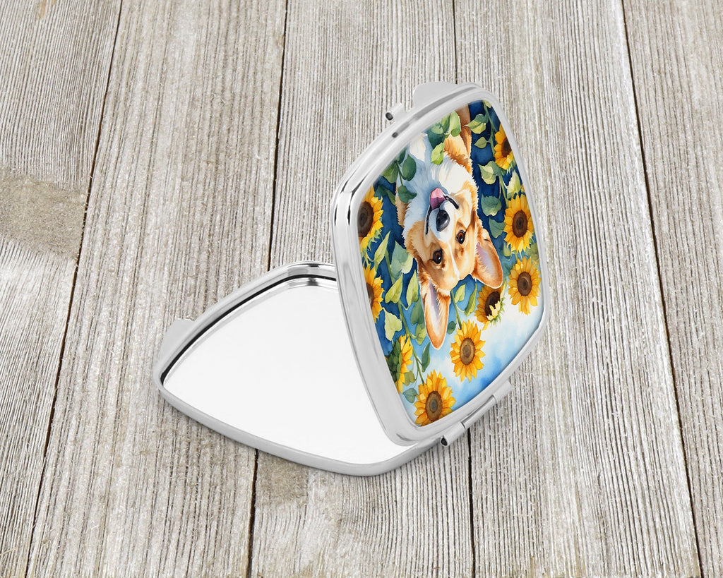 Corgi in Sunflowers Compact Mirror Decorative Travel Makeup Mirror for Women Girls Gifts Pocket Makeup Mirror Folding Handheld