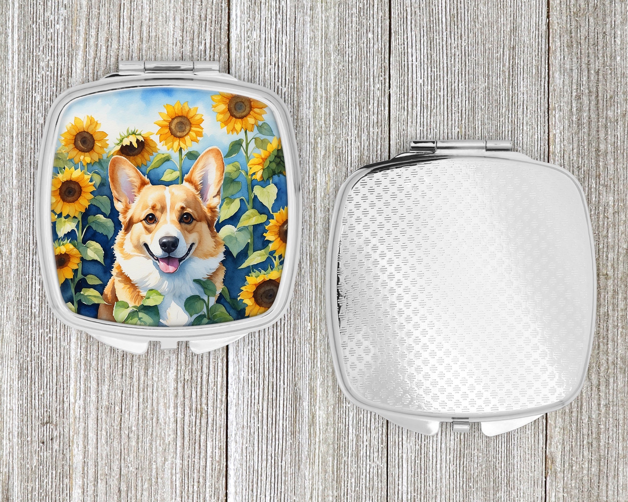 Corgi in Sunflowers Compact Mirror Decorative Travel Makeup Mirror for Women Girls Gifts Pocket Makeup Mirror Folding Handheld