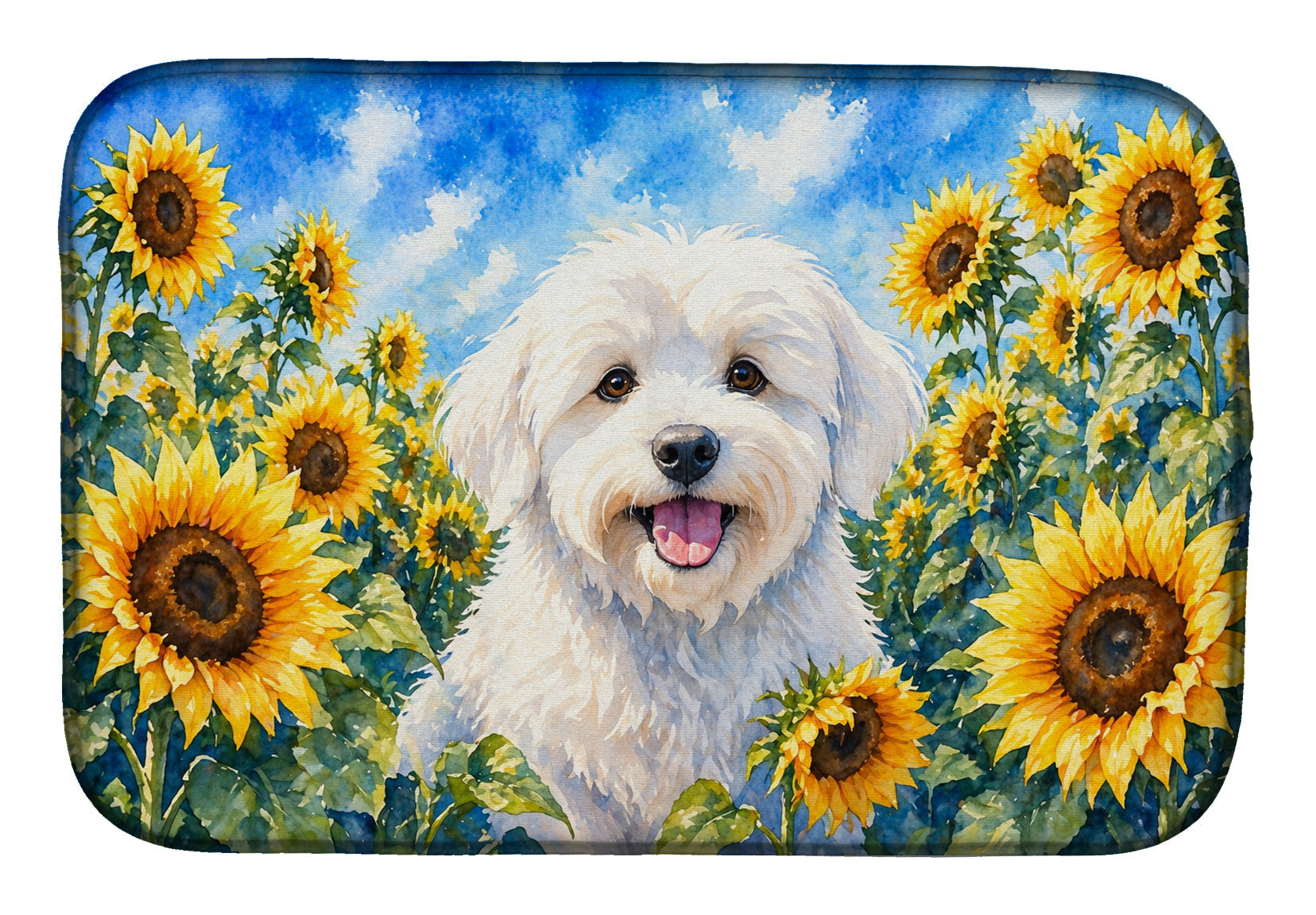 Coton de Tulear in Sunflowers Dish Drying Mat Absorbent Dish Drying Mat Pad for Kitchen Counter Dish Drainer Mat for Countertop, 14 x 21", Multicolor