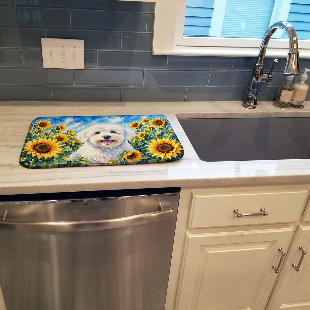 Coton de Tulear in Sunflowers Dish Drying Mat Absorbent Dish Drying Mat Pad for Kitchen Counter Dish Drainer Mat for Countertop, 14 x 21", Multicolor