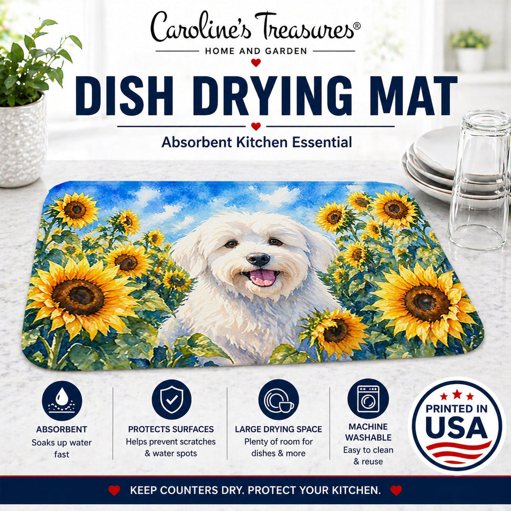 Coton de Tulear in Sunflowers Dish Drying Mat Absorbent Dish Drying Mat Pad for Kitchen Counter Dish Drainer Mat for Countertop, 14 x 21", Multicolor