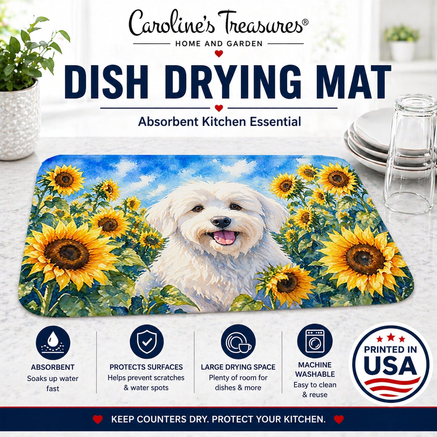 Coton de Tulear in Sunflowers Dish Drying Mat Absorbent Dish Drying Mat Pad for Kitchen Counter Dish Drainer Mat for Countertop, 14 x 21", Multicolor