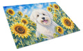 Coton de Tulear in Sunflowers Cutting Board Tempered Glass Kitchen Cutting Surface, Heat Resistant Chopping Board with Non-Slip Feet, Decorative Food Prep & Serving