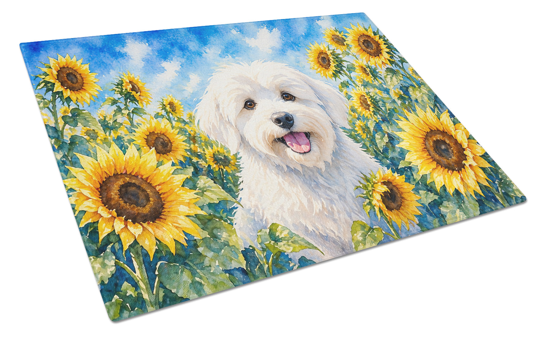 Coton de Tulear in Sunflowers Cutting Board Tempered Glass Kitchen Cutting Surface, Heat Resistant Chopping Board with Non-Slip Feet, Decorative Food Prep & Serving